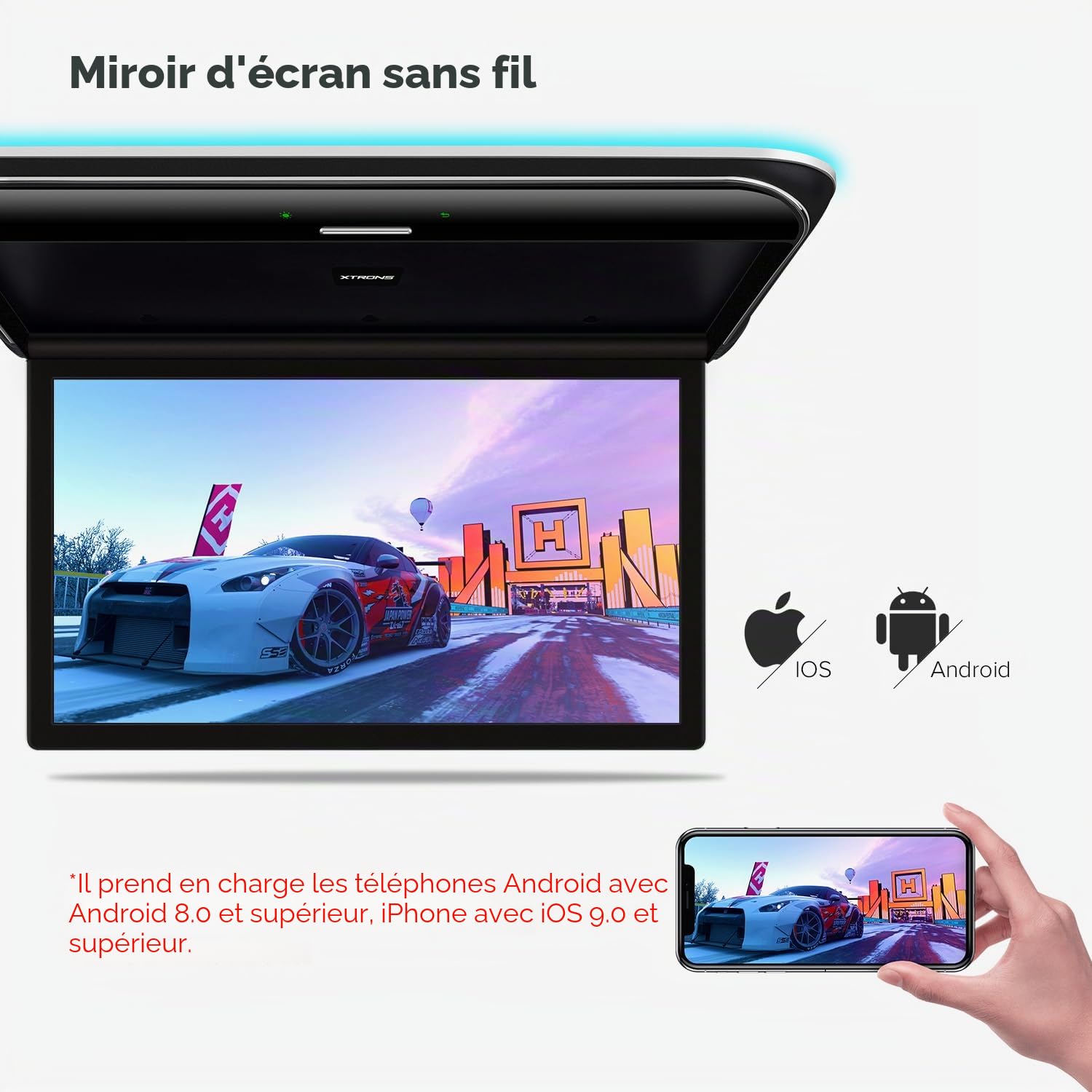 XTRONS Lecteur de plafonnier de voiture Android de 19,5 pouces, à huit cœurs, moniteur de montage au plafond de voiture, écran IPS large, vidéo 8K, haut-parleurs stéréo intégrés, support pour moniteur