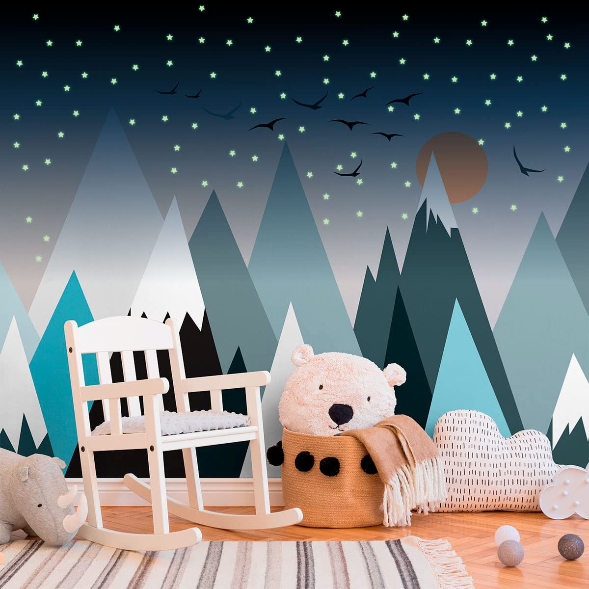 Ambiance Sticker Naklejki ścienne dla dzieci - Olbrzymia naklejka ścienna dla dzieci Skandynawskie góry Parka + 100 FOSHORESCENCYJNYCH GWIAZDEK - 70x105cm