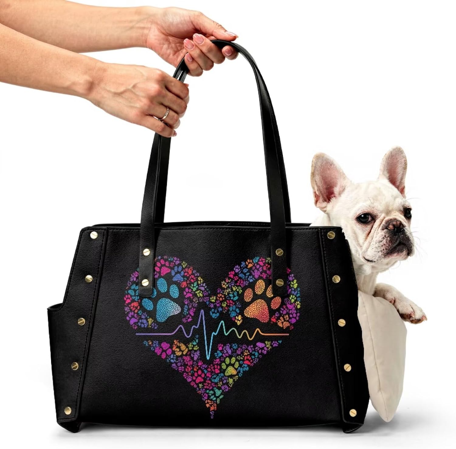 Heart Paw Print Pet Carrier Purse for Cat Dogs, Breathable Removable Dog Shoulder Bag with Cushion, Waterproof Dog Tote Bag for Small Puppies
