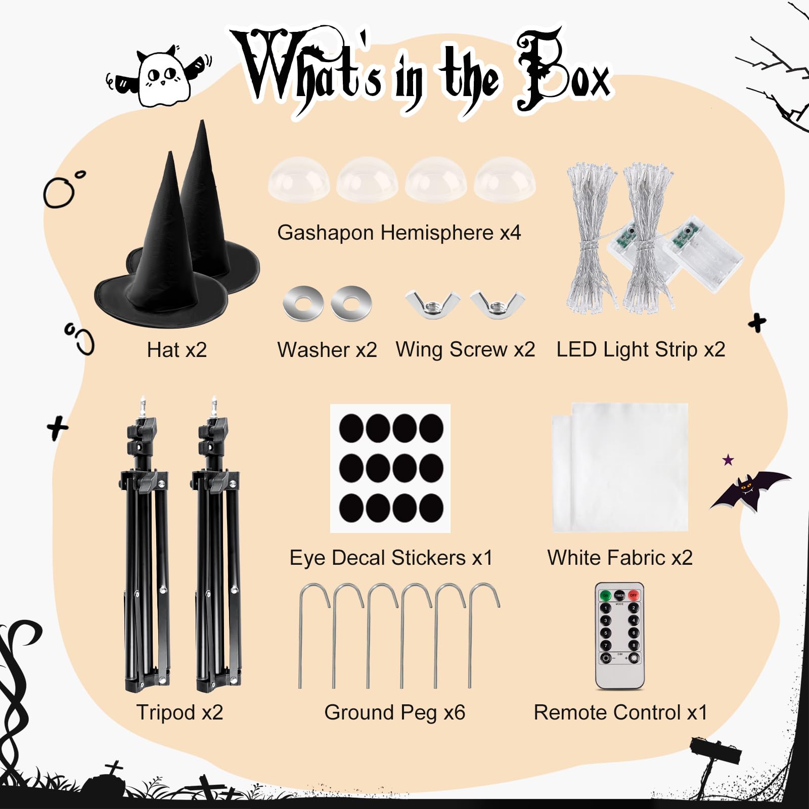 Dekoracje na Halloween – dekoracje halloweenowe na zewnątrz – 2 sztuki dużych świecących upiornych duchów z 8 trybami światła LED i 2 czapkami czarownic – straszne stojące duchy, dekoracja do domu, na