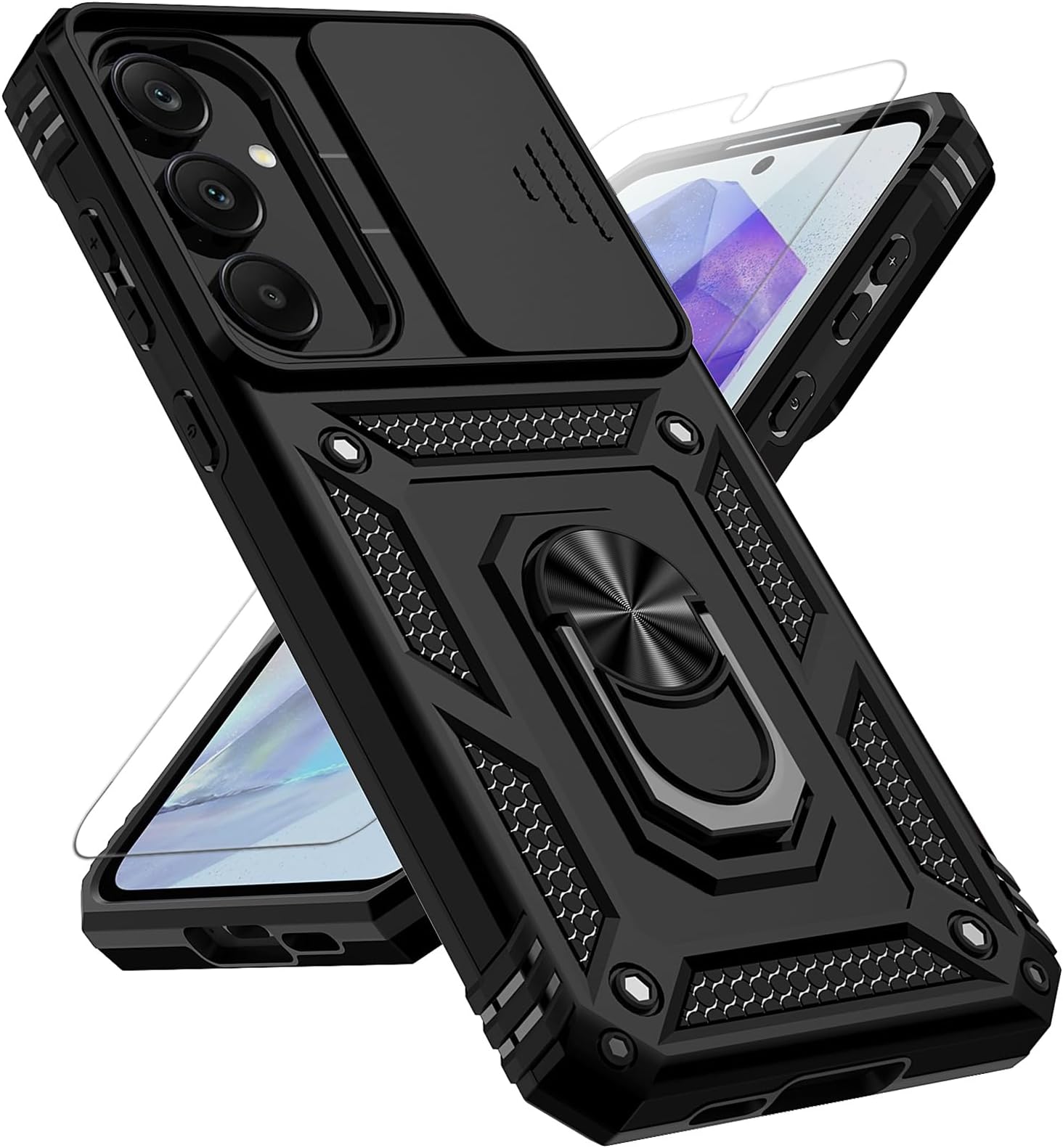 for Samsung Galaxy A55 5G Case with Slide Camera Cover HD Screen Protector [Military Grade 16ft. Drop Tested] Magnetic Ring Holder Kickstand Protective Phone Case for Galaxy A55 5G 2024, Black