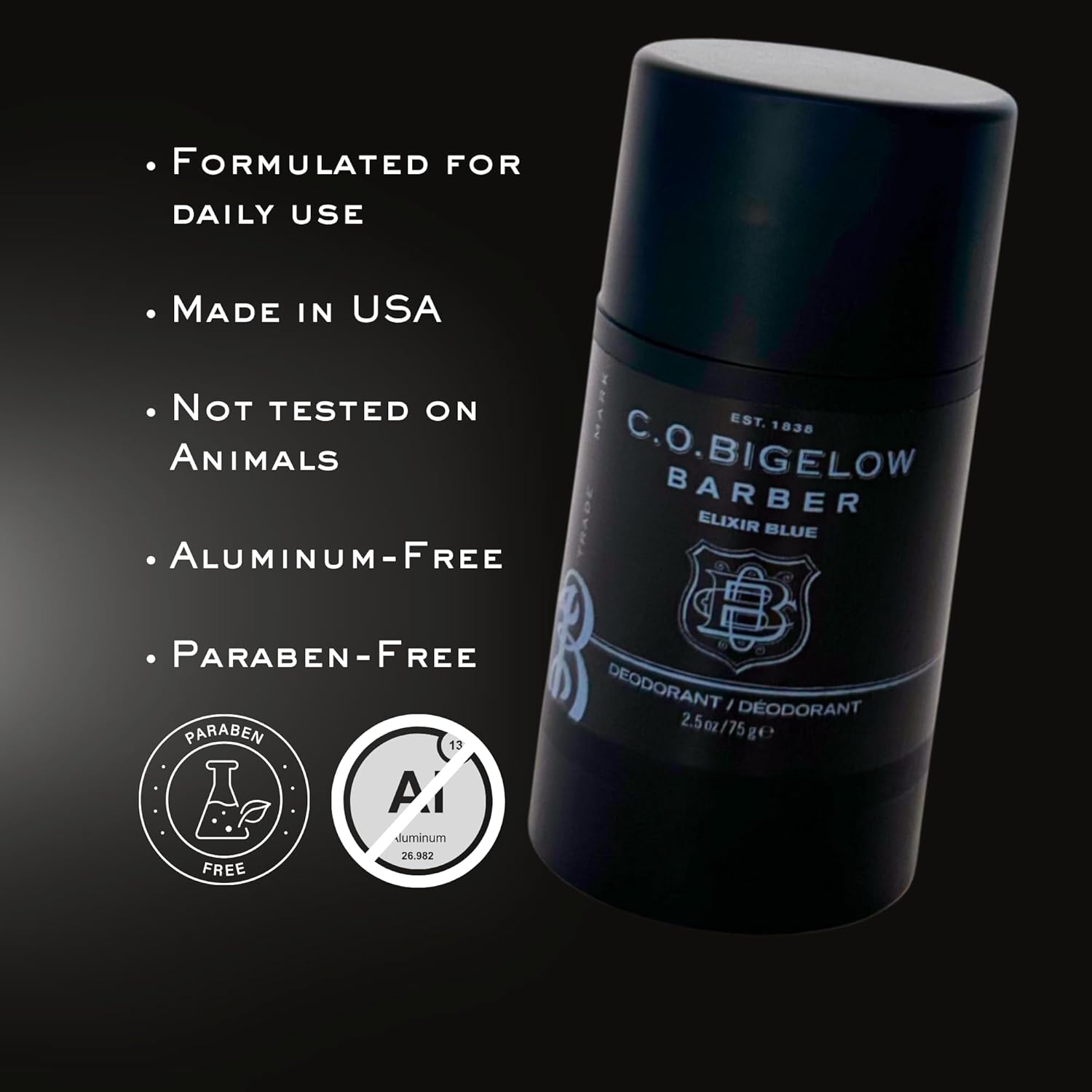 C.O. Bigelow Elixir Blue Aluminum Free Deodorant for Men, Watery Marine Scented Non Toxic Deodorant, Gel Stick Formula, 2.5oz