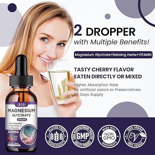 Miniatura 7 de Gotas Líquidas de Glicinato de Magnesio 500mg, con Vitamina B6, Ashwagandha, L-Teanina, Manzanilla, Suplemento de Glicinato de Magnesio de Alta