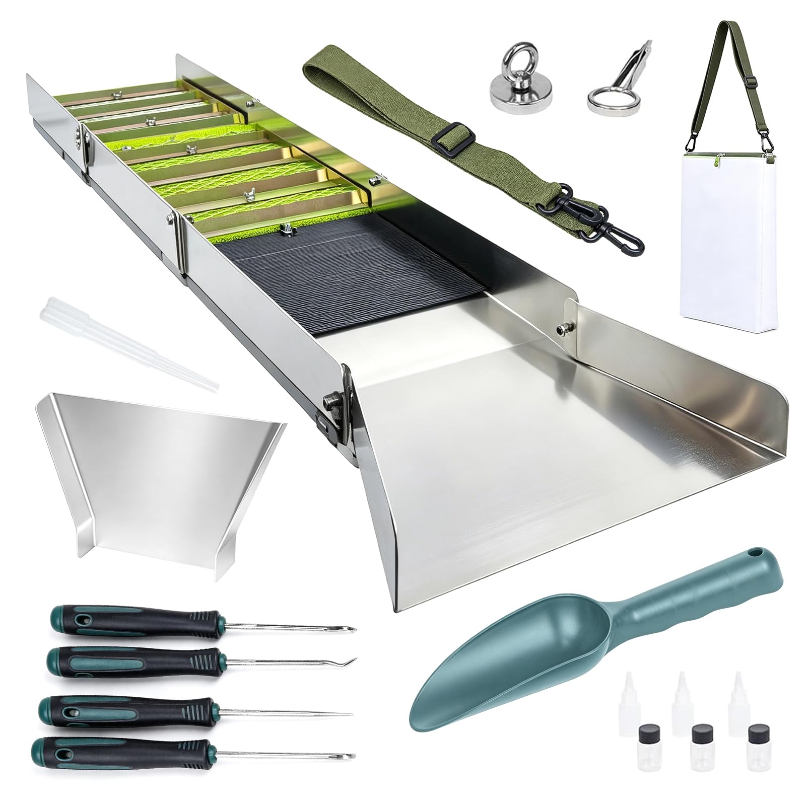 Goldwaschpfanne Goldwannenbecken Set, Tragbare Bergbauausrüstung Aus Aluminiumlegierung Für Erwachsene, mit 50-Zoll-Faltschleusenkasten, für den Goldabbau in Flüssen, Bächen, Goldwaschen und Schürfen
