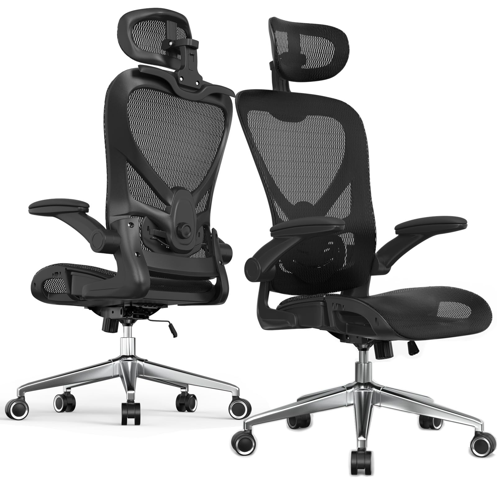 naspaluro Silla Ergonomica Escritorio Gaming, Silla de Oficina Negra, 150kg | Reposacabezas 3D, soporte lumbar 2D, reposabrazos abatibles, Tejido de malla resistente y duradero, base de hierro robusta