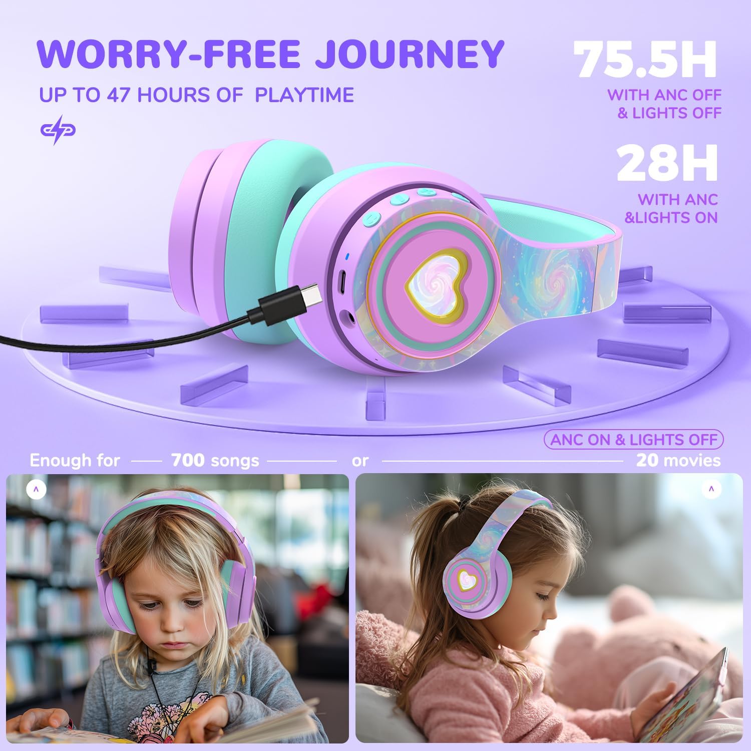 iClever Auraa Active Noise Cancelling Headphones for Kids, LED Light Up, Bluetooth 6.0, Safe Volume 80dBA, 47H Play Time,Fast Charging,Kids Headphones Wireless with Mic AUX Cord for Travel iPad,Purple - Image 3