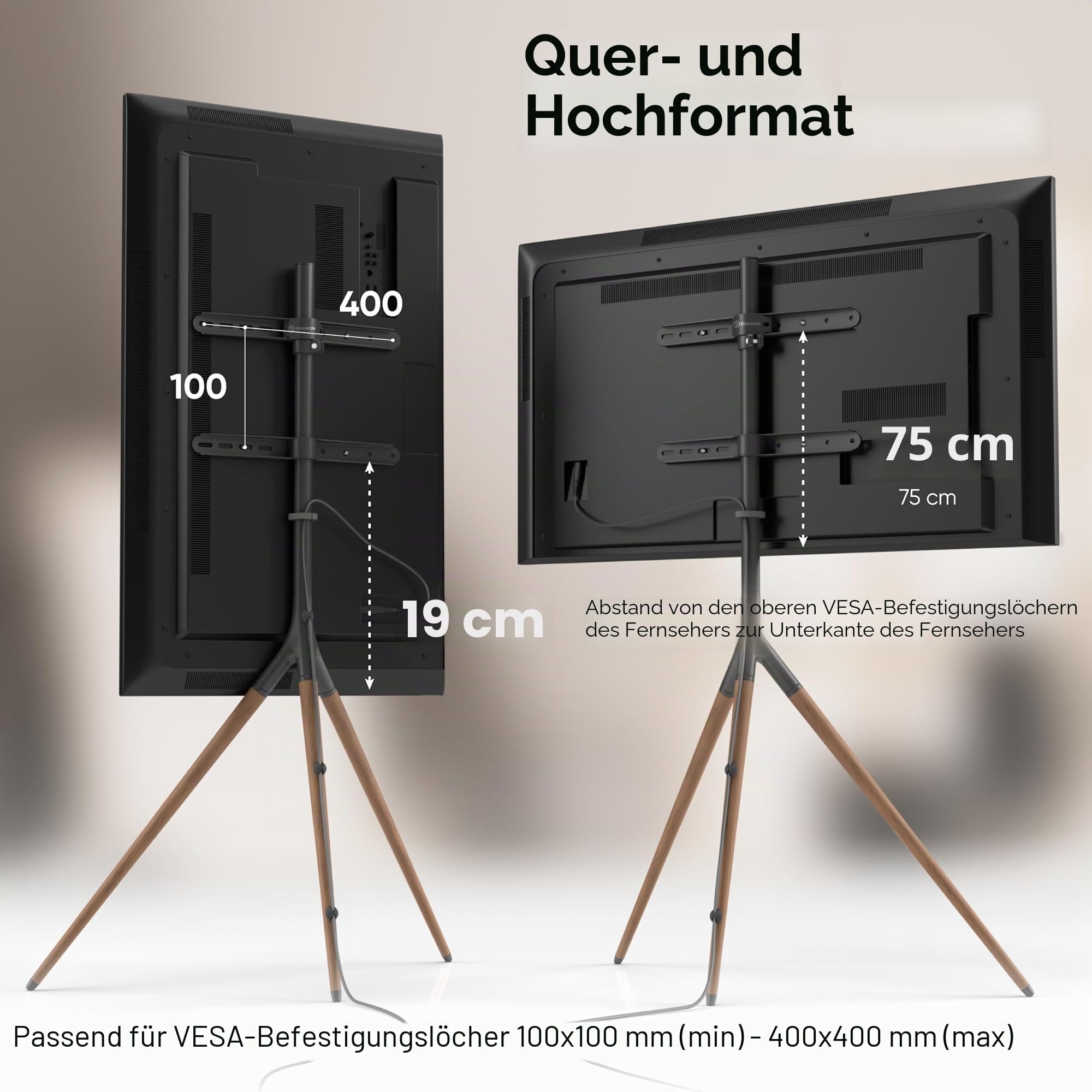 ONKRON TV Staffelei 32-65 Zoll, bis 35 kg, max VESA 400x400, TS1220-B | TV Ständer Dreibein 360° schwenkbar, aus Holz, höhenverstellbar, Hochformat, Kabelclips; für Wohnzimmer, Hotels & Events