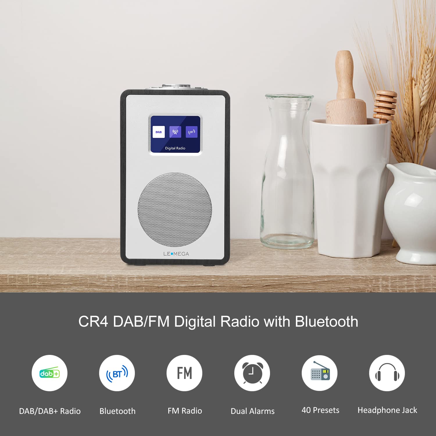 LEMEGA CR4 Radio Dab/Dab+/FM, Bluetooth, Pantalla Color,Roble Negro