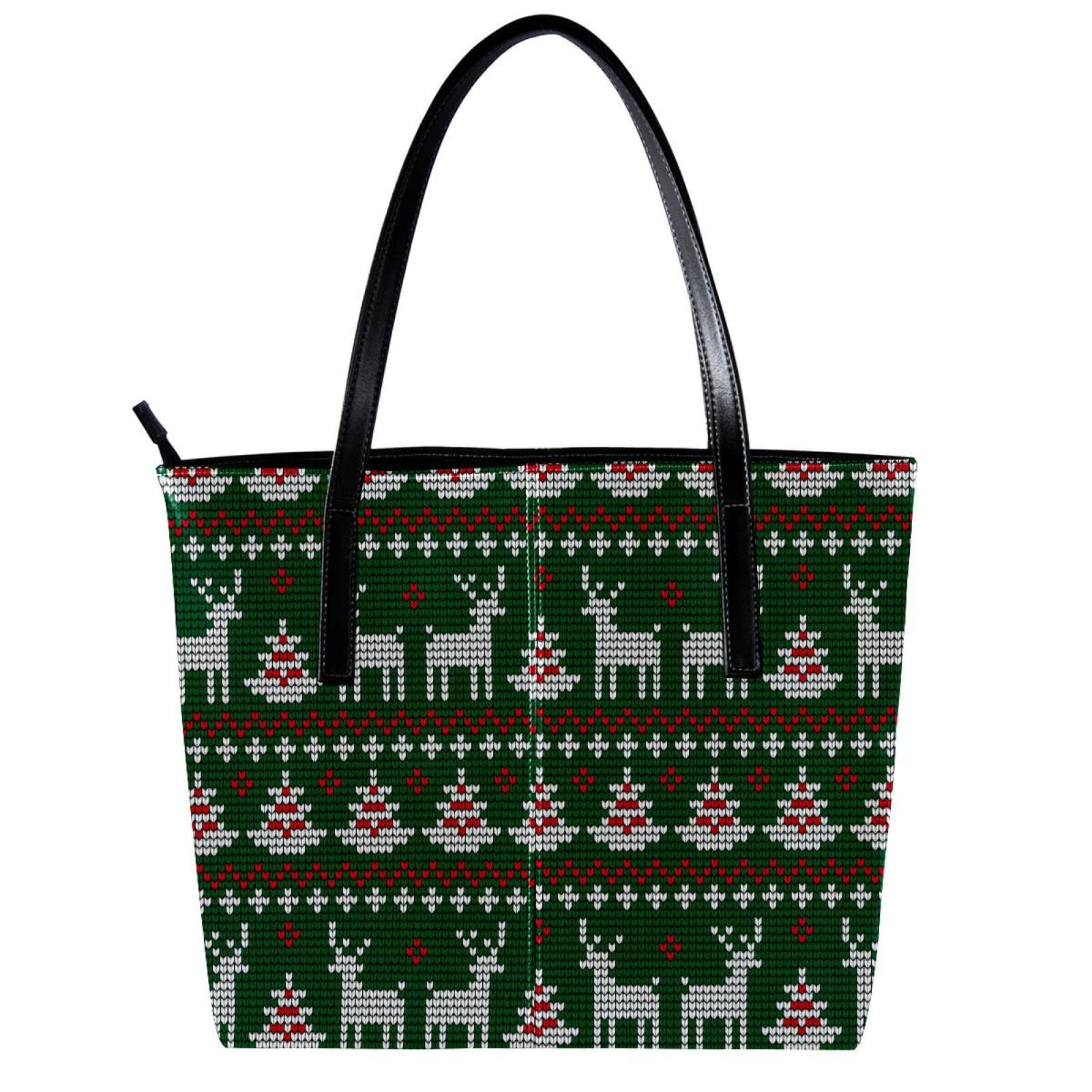 Bolsa de mano personalizada con cremallera, bolsas de hombro casuales para uso diario, trabajo, escuela, Navidad, alce, ciervo, árbol, patrón de punto verde, Varios colores