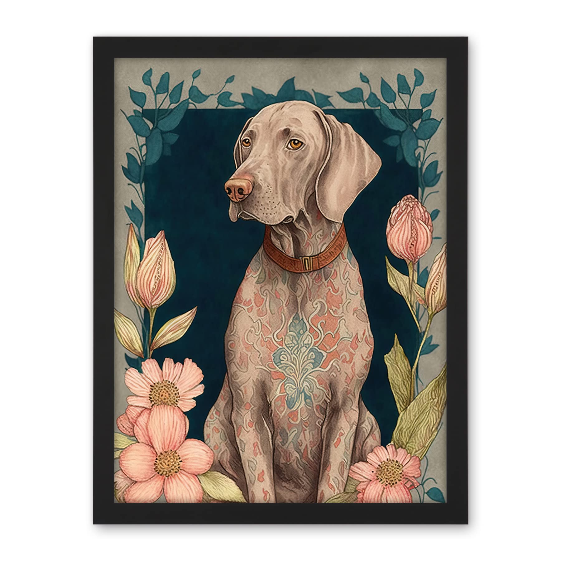Artery8 Grey Weimaraner Dog with Ornate Pattern Fur Coat and Flowers Modern Art Nouveau Illustration Artwork Framed Wall Art Print 18X24 Inch