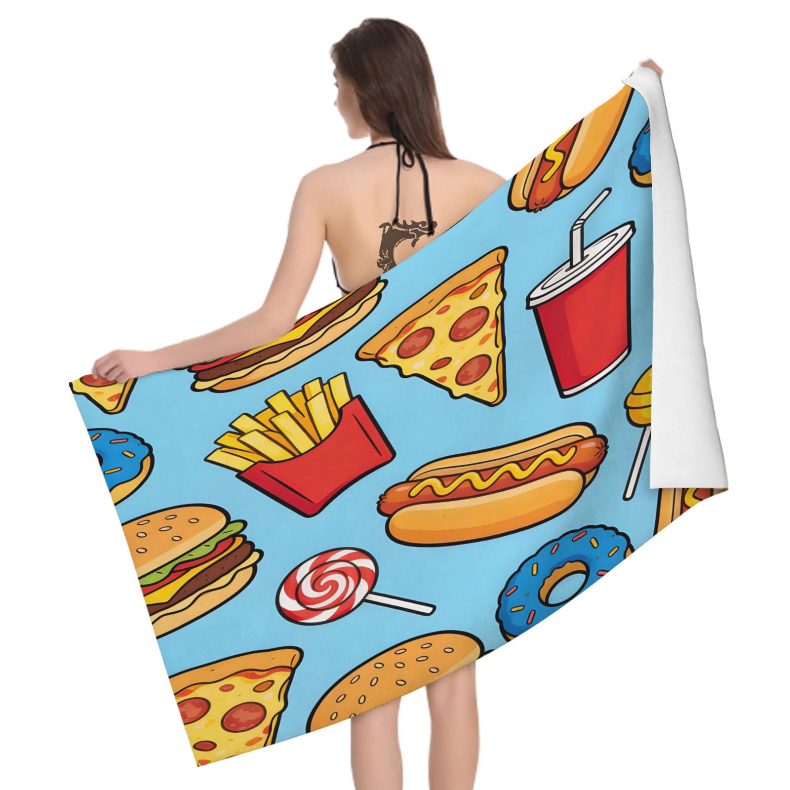Leichong 3D Hamburger Beach Towel Large Microfiber Soft Quick Dry for Adults, Burger Pizza Bath Towel Lightweight Soft Absorbent for Travel Swimming Pool Sports, 180 x 90 cm