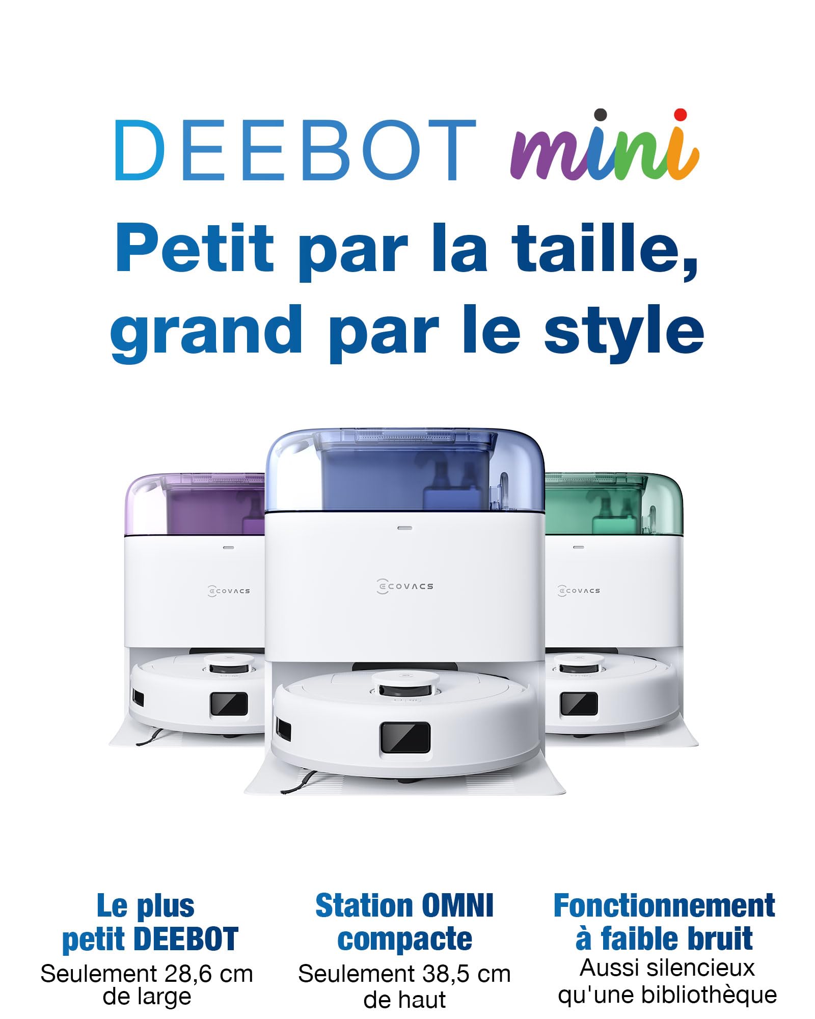 ECOVACS DEEBOT Mini Aspirateur Robot, Aspiration 9 000 Pa, ZeroTangle 2.0, TrueMapping 2.0, séchage à 45 ℃, vidage Auto, Lavage Intelligent en Profondeur, Nettoyage Auto en Un clic, Bleu