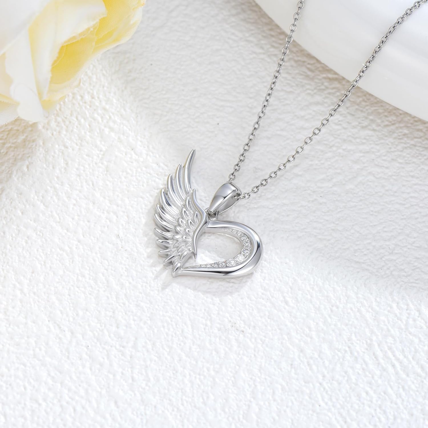 Diamond Angel Wings Necklace 925 Sterling Silver Heart Angel Wings Pendant Necklace Guardian Jewelry Gifts for Women,18+2 Inch Chain - Image 3