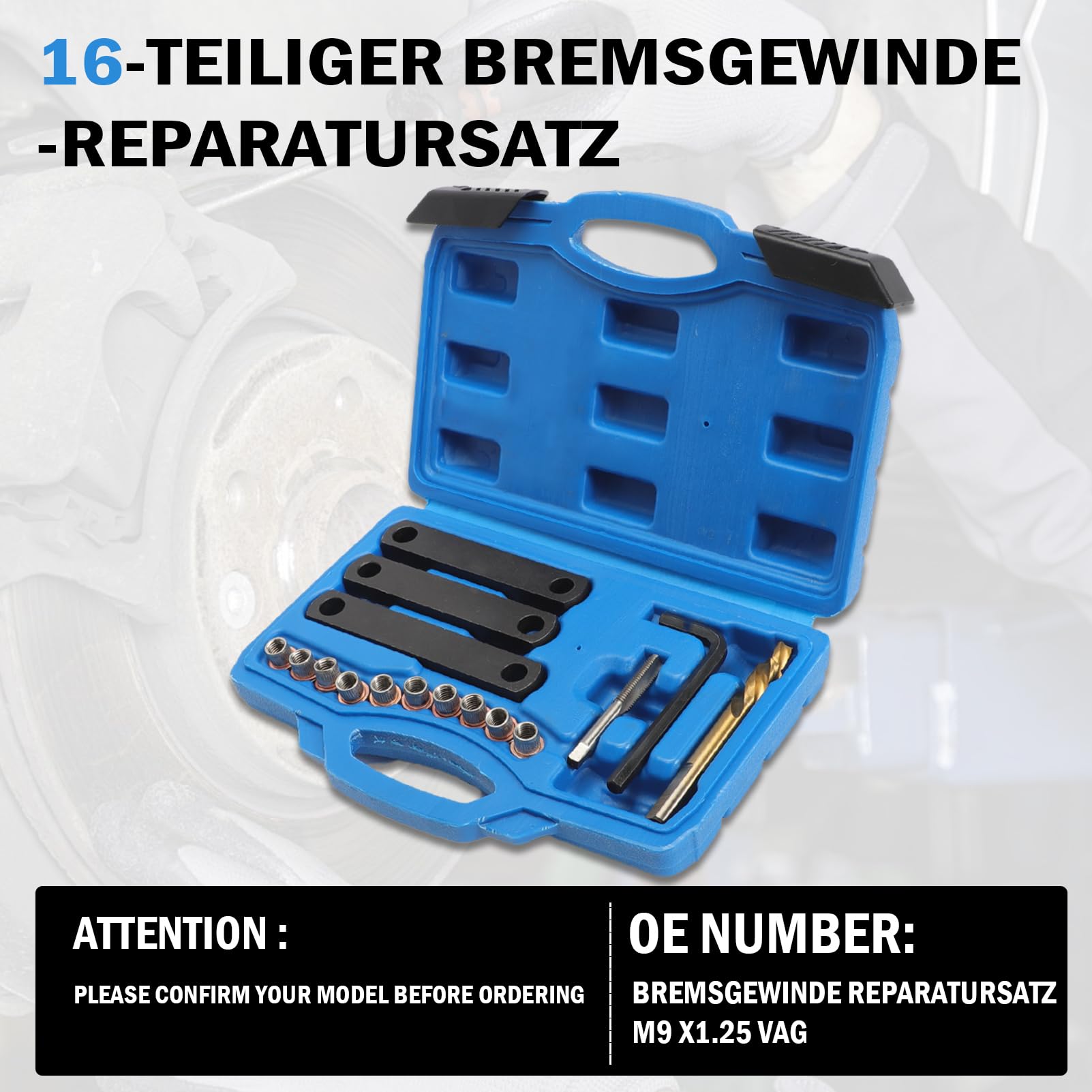 16 Pezzi compatibili con V*W 0P*El F0*rd Kit di Riparazione Filettatura Freno M9 x1,25 Set di Riparazione Filettatura
