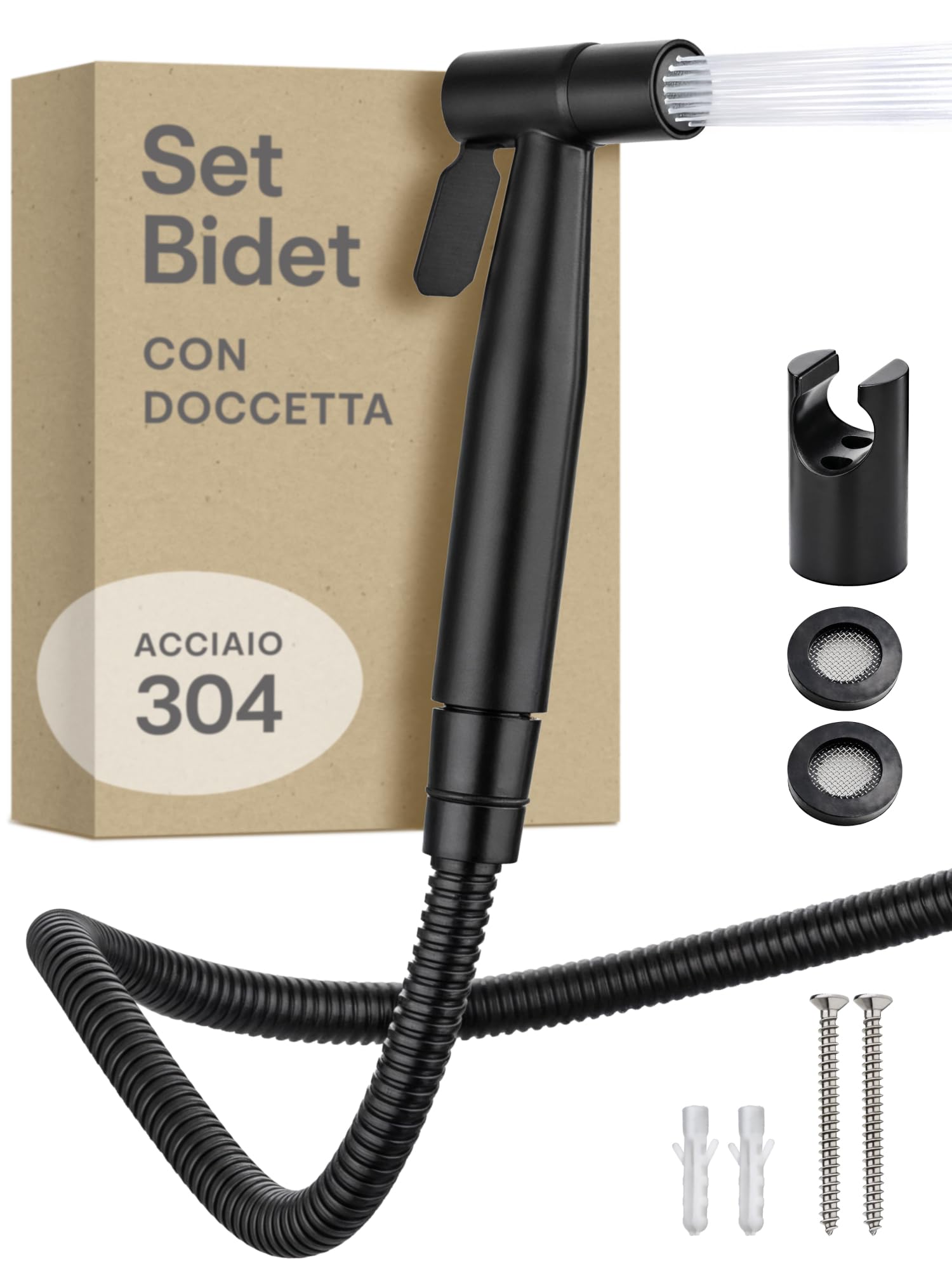 Praknu Doccetta per Bidet WC - Con Doccia, Tubo Flessibile e Supporto - Acciaio inox – Per attacco standard G1/2 – Facile da installare (Nero)