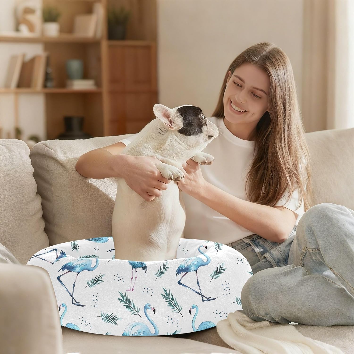 Dog and Cat Bed Blue Flamingo Leaves Pattern Round Fuzzy Pet Bed for Puppy and Kitten
