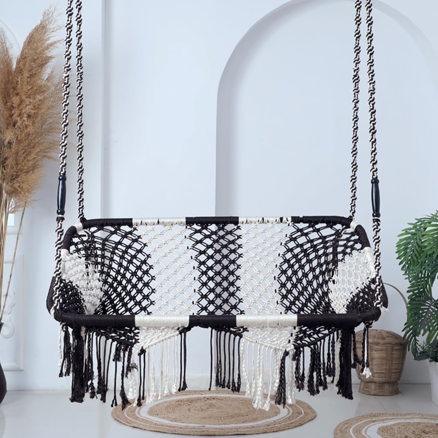 2 Seater - Premium Hammock Swing Hanging Rectangle Shape Swing for Adults & Kids | Sturdy Cotton Indoor/Outdoor Jula for Balcony - Brown & White(Pack of 1)