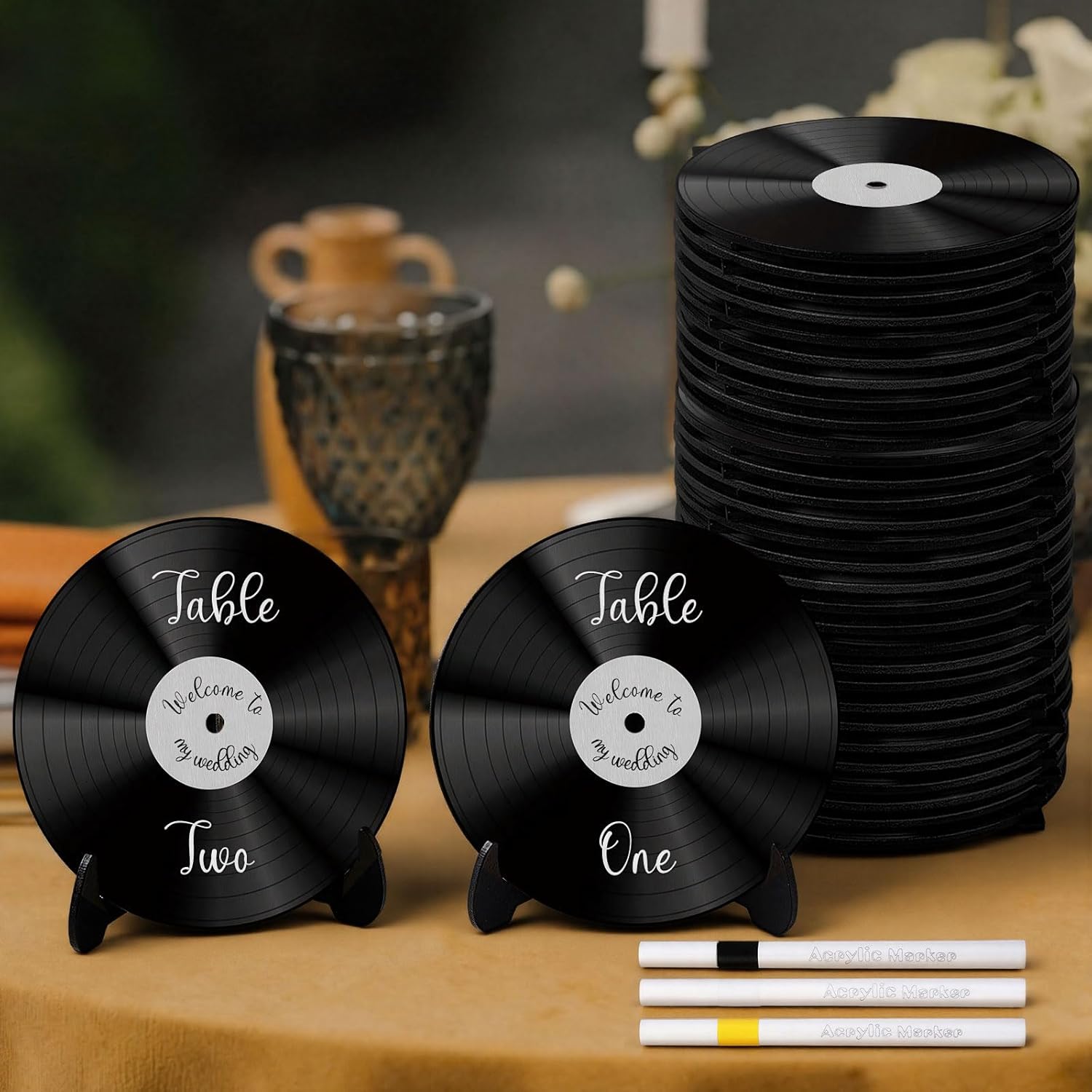 Novabright 30 Pcs Vinyl Record Wood Wedding Table Numbers with Easel Stand Retro Music Wedding Party Decorations for Reception DIY Doodle Fake Records Table Signs with 3 Markers for Souvenir Gifts
