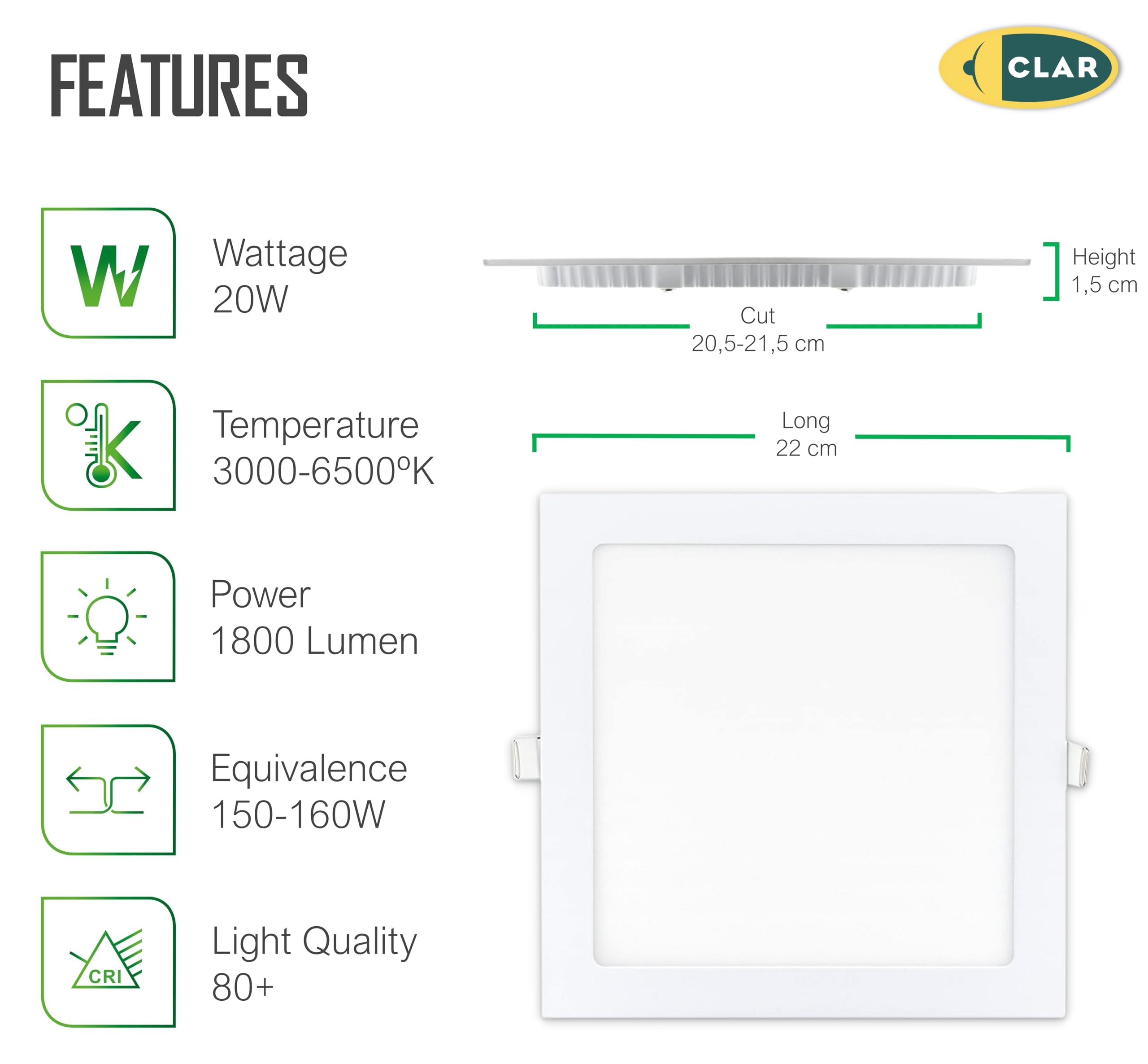 CLAR - LED Einbaustrahler Flach, Spots Deckenleuchte LED, Downlight, Quadratisch 20W (Pack 10)