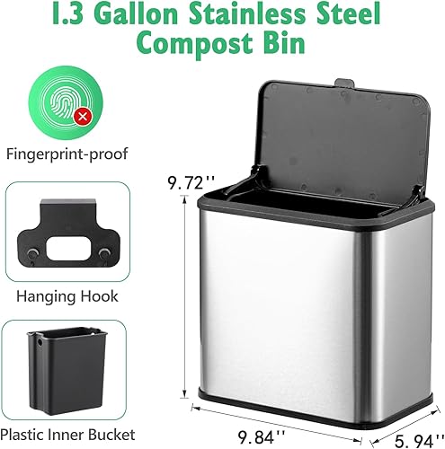 Miniatura 6 de Contenedor de compostaje para cocina, contenedor de compost de acero inoxidable, contenedor de compost interior con 1 filtro de carbón adicional,