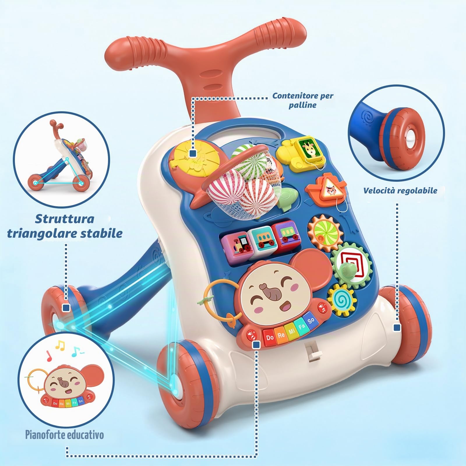 QDRAGON 3 in 1 Girello per Bambini, Centro Di Attività Educativa per Imparare a Camminare, Seduti, In Piedi, Neonato Gioco Educativo, Primi Passi per Bambini, Giochi Bambini 12-36 Mesi, Blu