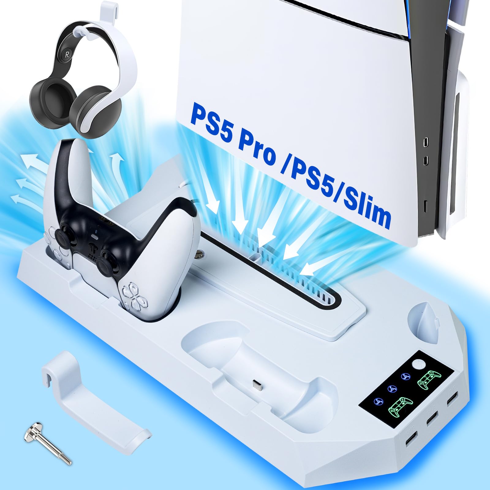Sehawei Supporto per PS5/PS5 pro con Ventola di Raffreddamento,Ricarica Controller PS5, PS5 Supporto Verticale con Indicatori LED per PS5 Slim Disc & Digital/PS5/PS5 pro Disc & Digital