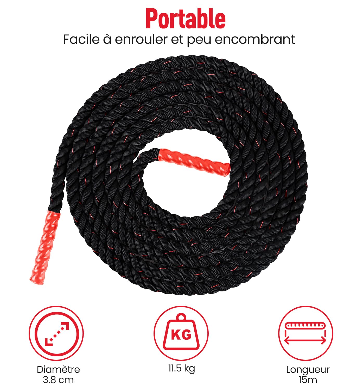 Ultrasport Battle Rope, diamètre 3,8 cm, corde d’entraînement de haute qualité pour l’endurance de force et le développement musculaire, pour un entraînement complet du corps et un functional training