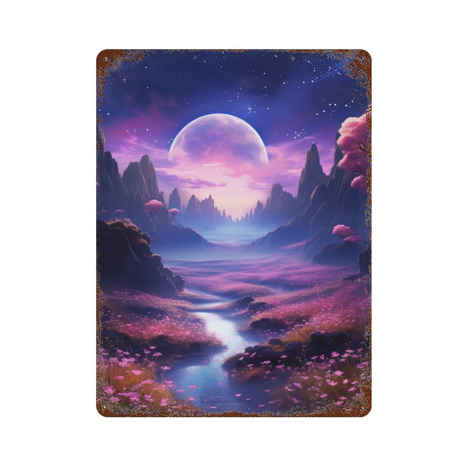 Fantasy Moonlit Valley Vintage Rust Metal Sign 15.7"x11.8", Classic Wall Plaque for Garage, Pub Or Kitchen