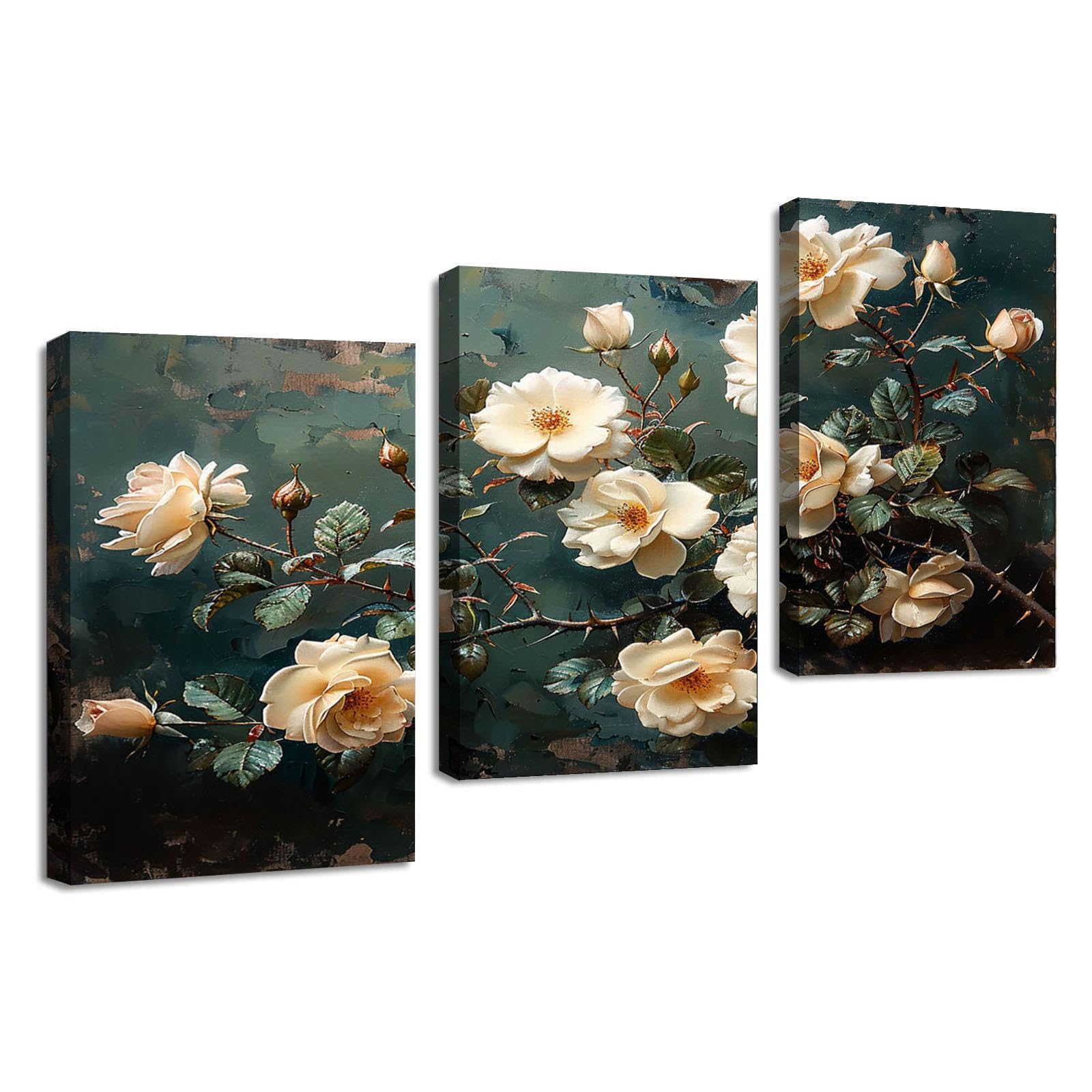 TZKRWRH Panorama Cuadro Personalizado Lienzo, Rosa con espinas Cuadros Para Cocina BañO Sala Comedor Oficina Pasillo-50x70cmx3 Enmarcado (Blanco roto,Verde 20)