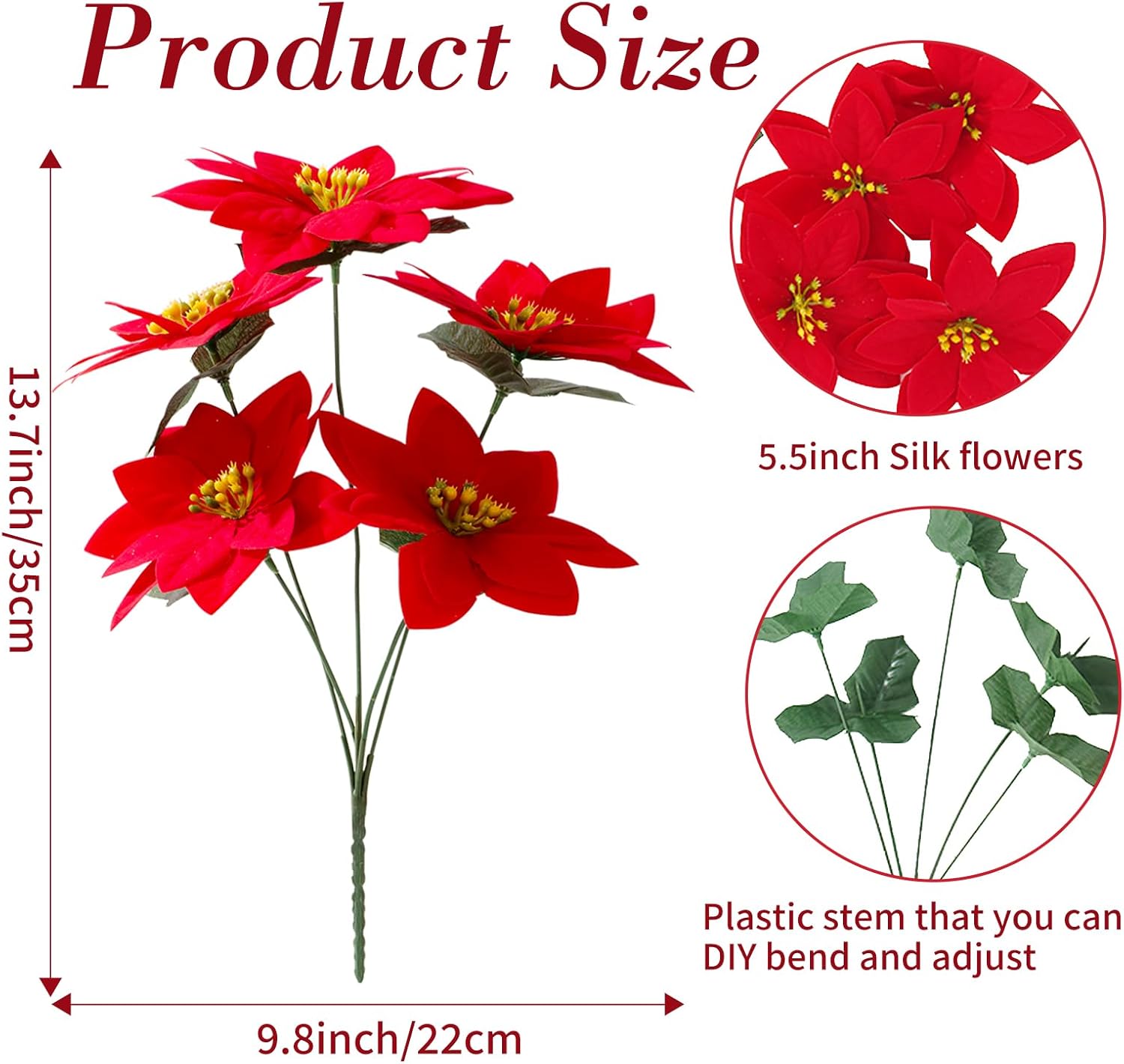 6 Pack Poinsettias Artificial Christmas Flowers Red 5 Heads Velvet Poinsettia Floral Bouquet Winter Holiday Indoor Outdoor Xmas Tree Ornament Porch Home Garden Decoration - Image 3