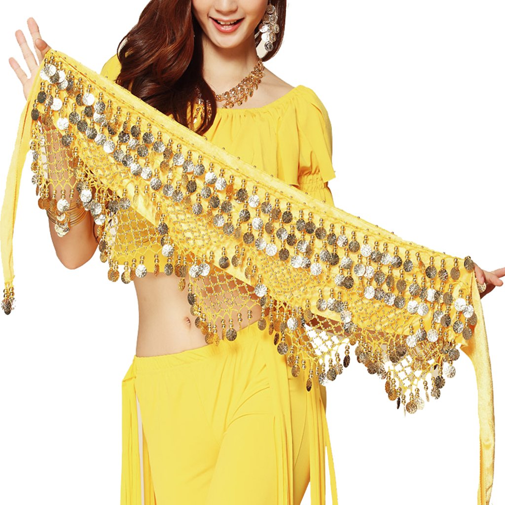 Wuchieal Women's Yellow Sweet Bellydance Hip Scarf With Gold Coins Skirts Wrap Noisy, One Size