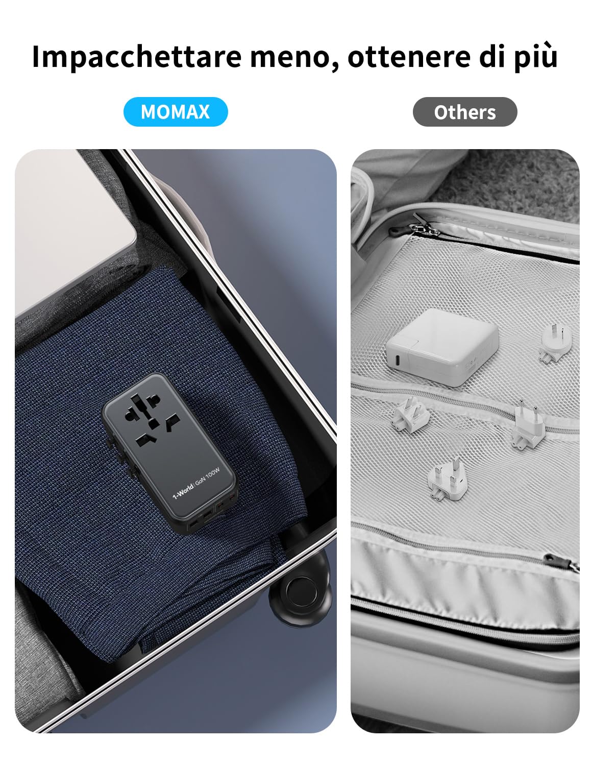 MOMAX Adattatore Universale da Viaggio 100 W 5-in-1 USB-C USB-A AC Presa Universale 224+ Paesi