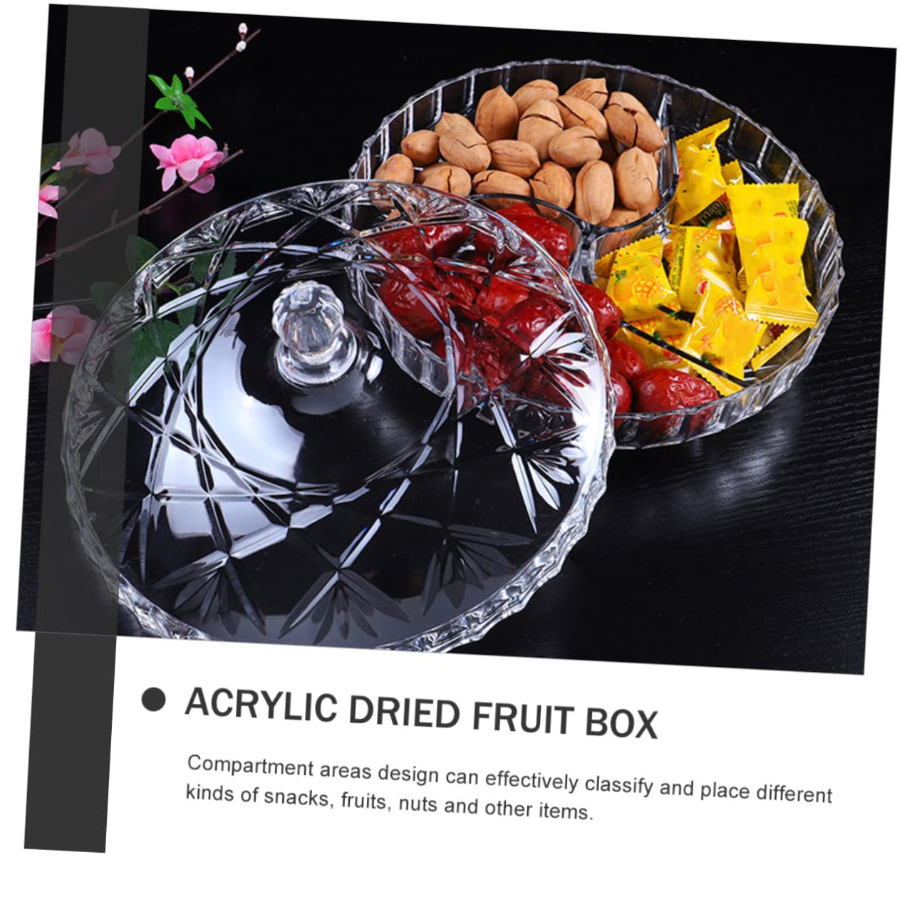 Mikikit Caja de Aperitivos Redonda de Acrílico con 3 Compartimentos, Ligera y Práctica para Nueces y Frutas, Adecuado para Fiestas Ocio