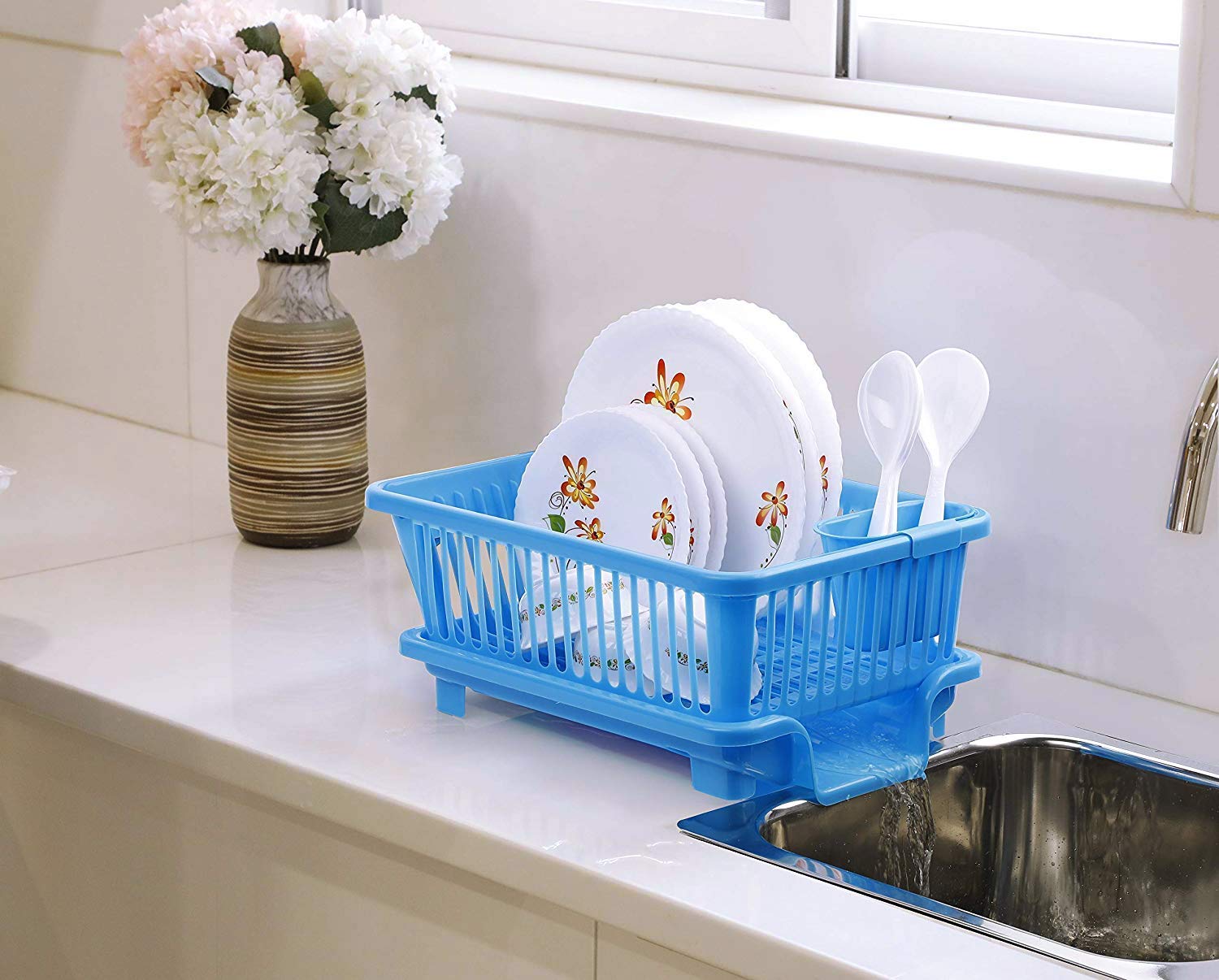 SUNBLINK™ 3 in 1 Durable Plastic Sink Dish Drying, Draining Rack, Basket Organizer with Tray Utensils Tools Cutlery - Made in India (Multi Color)