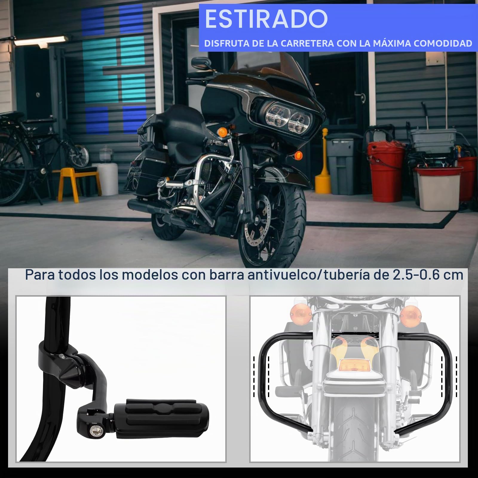 Estriberas ajustables HOKUOTOLITE de 32 mm (1,25") para carretera con kit de montaje en ángulo largo, universales para Harley, Honda, Kawasaki, Suzuki, Yamaha, Indian y Victory Motorcycler. NEGRO.