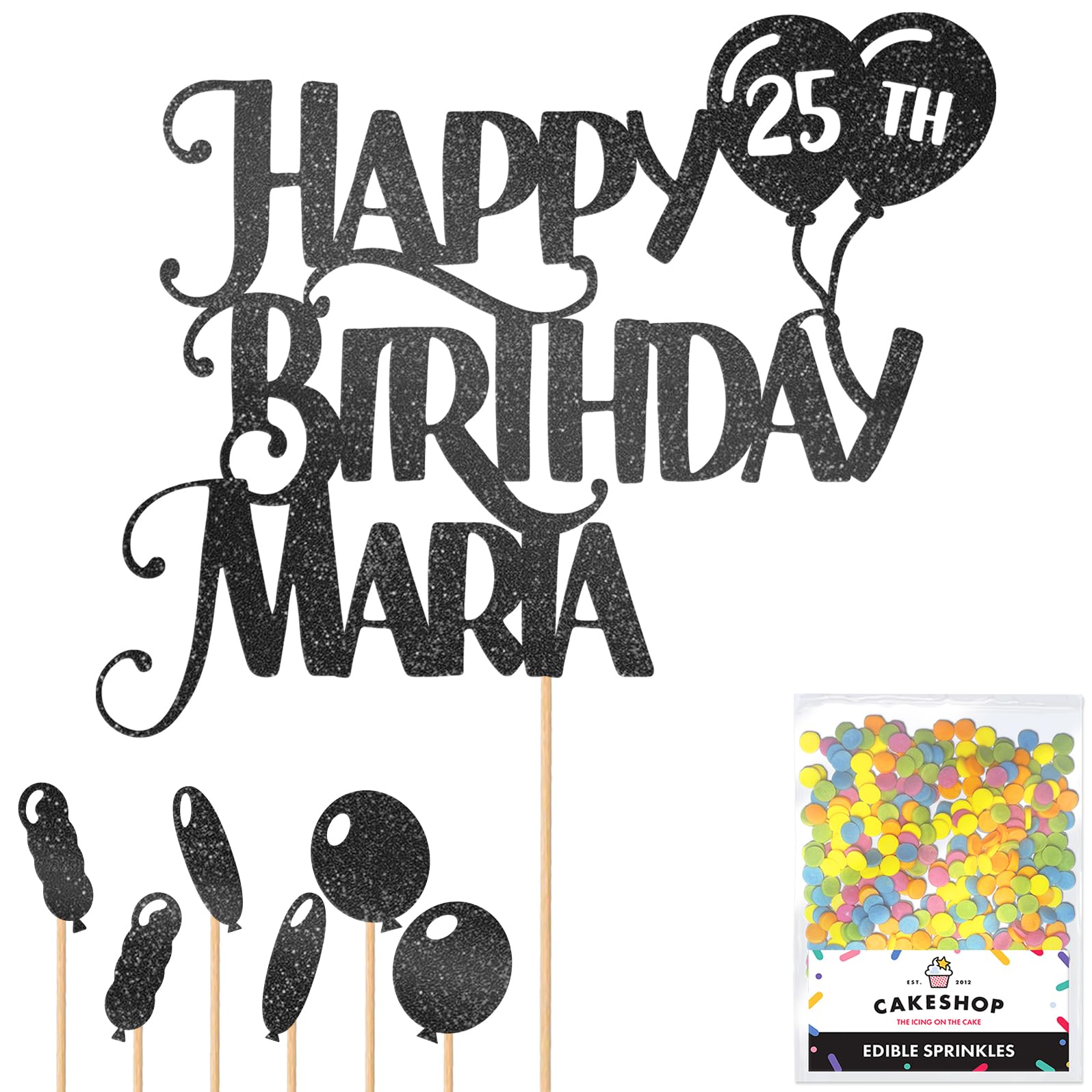 Personalised Happy Birthday Glitter Cake Topper inc Balloons - Black Any Name & Age Glitter Cake Decoration and Sprinkles - Happy Birthday Decorations - Personalised Toppers for Cakes by Cakeshop