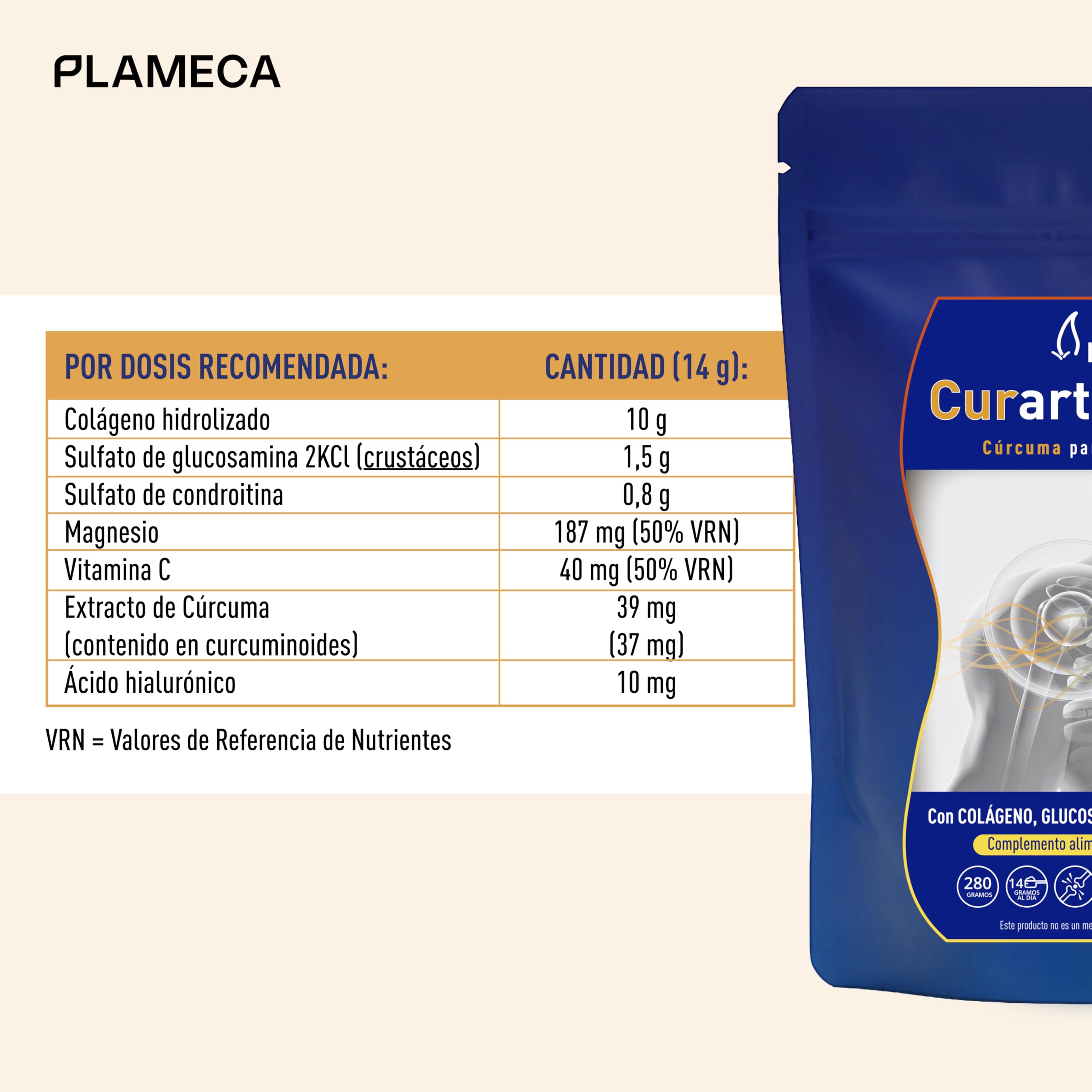 Plameca Curarti Complex - Colágeno con Magnesio y Ácido Hialurónico, Vitamina C, Cúrcuma, Glucosamina y Condroitina - Cuidado de Articulaciones, Huesos y Músculos - Sabor Limón - Formato Polvo, 280 gr