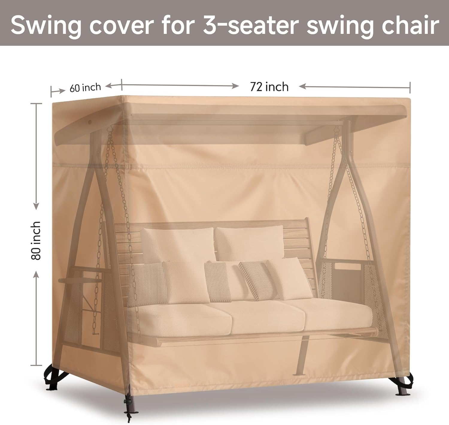 Outdoor 3 Triple Seater Hammock Patio Swing Chair Cover, Water-Resistant, All Weather Protection, Beige Color