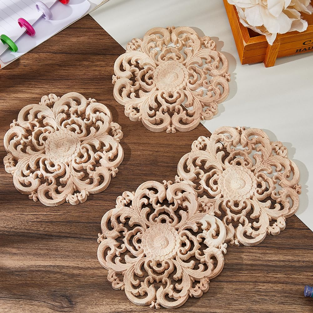 SUPERFINDINGS 4 apliques redondos de madera tallada para bricolaje, sin pintar, calcomanías decorativas de flores talladas para cama, puerta, armario, decoración de muebles, 11,8 cm