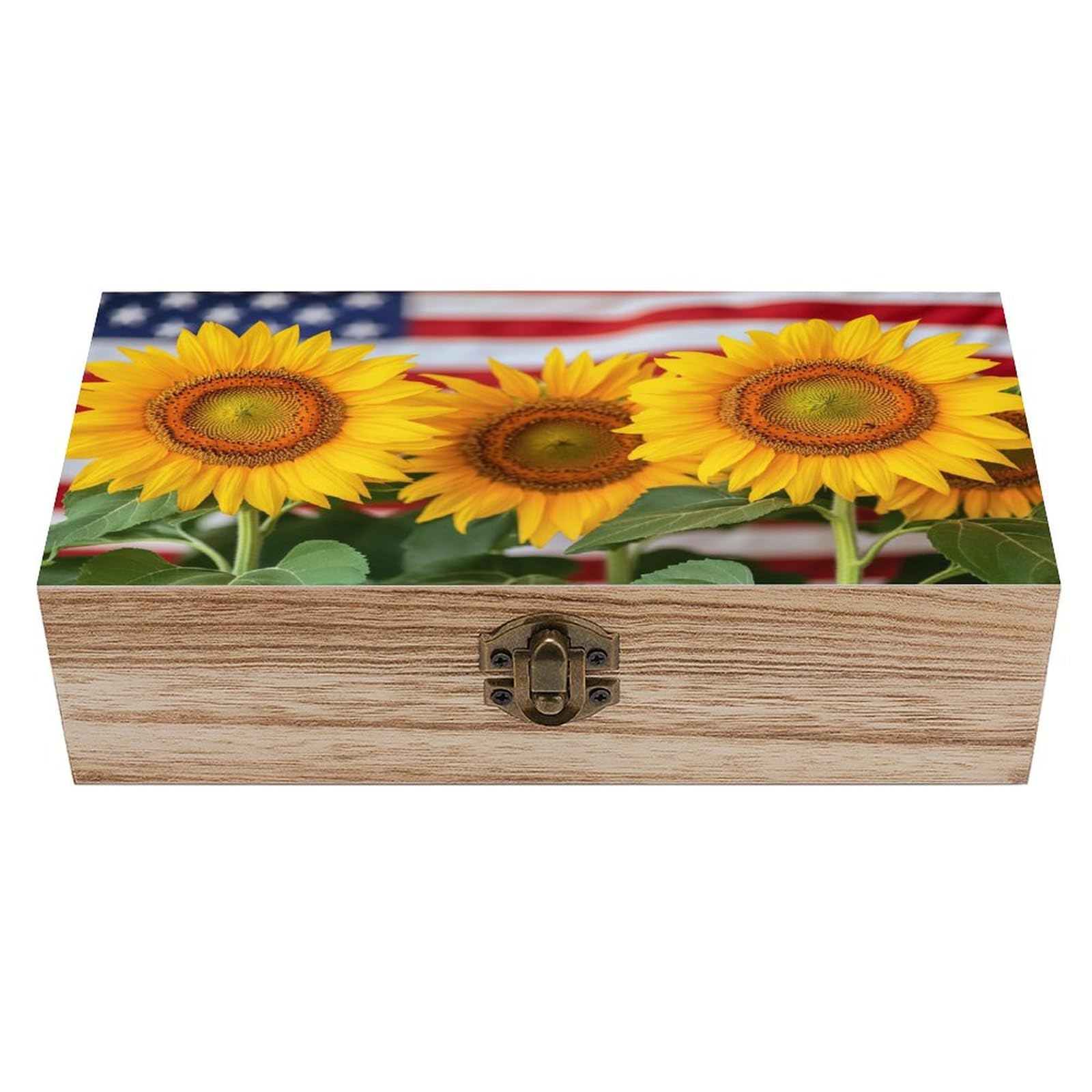 Ahdyr American Flag with Sunflowers Wooden Storage Box with Hinged Lid And Front Clasp Large Keepsake Box