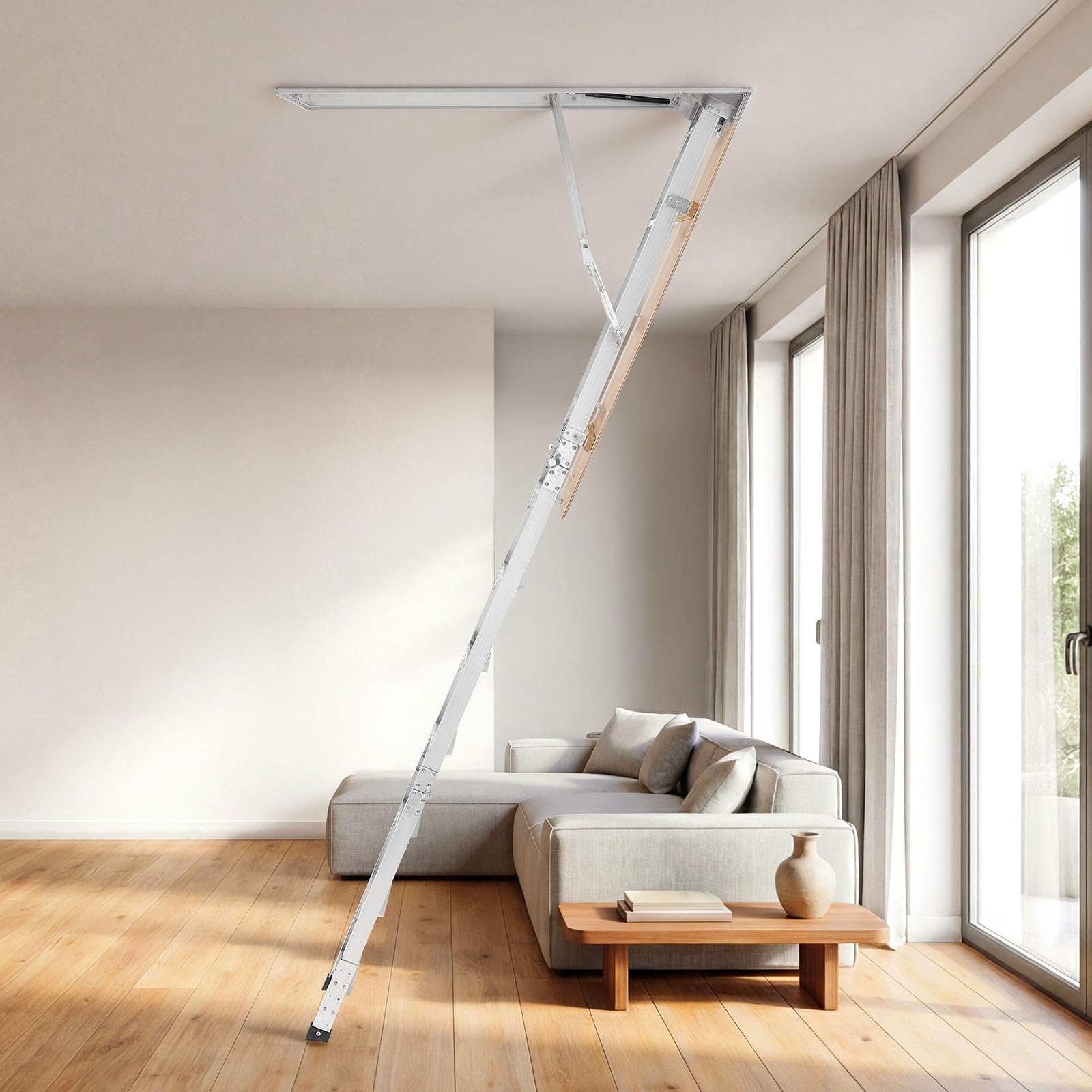 VEVOR Escalera Escamoteable de Aluminio para Techo, Escaleras de Ático Plegable con Trampilla, Cuerda de Tracción, Soporte Hidráulico, Altura Ajustable 2,34–3,15 m, Capacidad 170 kg, Ahorra Espacio