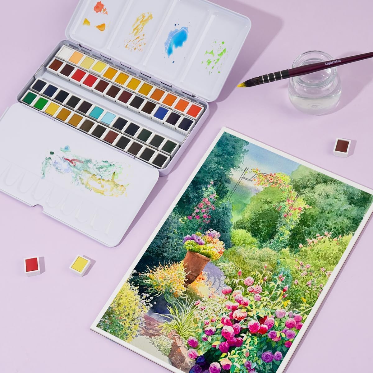 LIGHTWISH Aquarellfarben Set 48 Farben in Tragbarer Box, Mit Pinsel, Aquarellpapier und Mit Palette, Reise-Aquarell-Set für Künstler, Hobbymaler und Malerei-Liebhaber