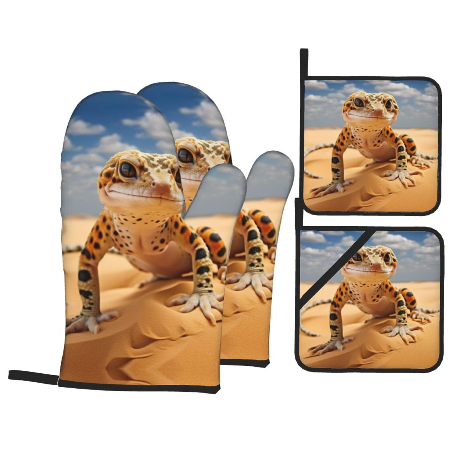 Nimongt Black Sand Leopard Gecko Print Heat-Resistant 4-Piece Oven Kitchen Gloves For Baking Cooking Microwaving Essentials