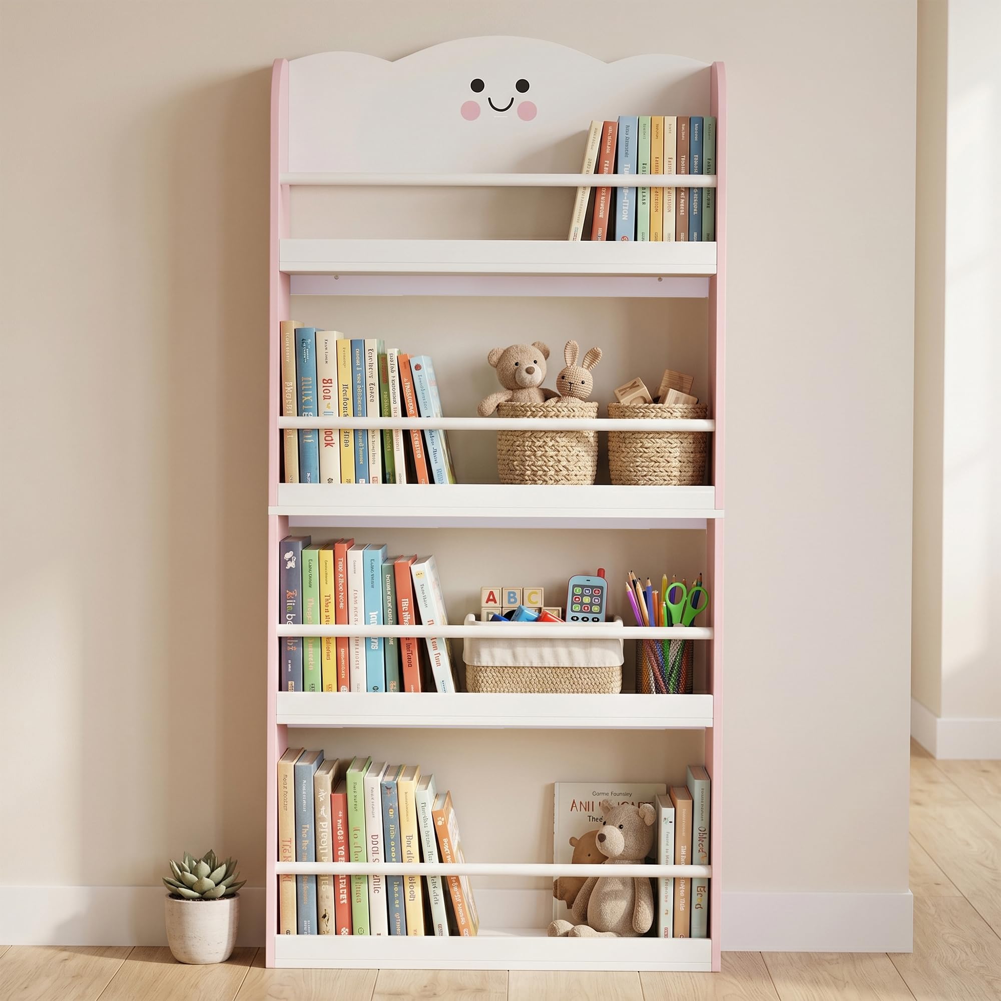 AIYAPLAY Bibliothèque Murale pour Enfant, Rangement Livre Enfant 4 Niveaux, Meuble de Rangement en thème Barbe à Papa, étagère Chambre Enfant pour Salle de Jeux, Chambre d'enfant, Rose