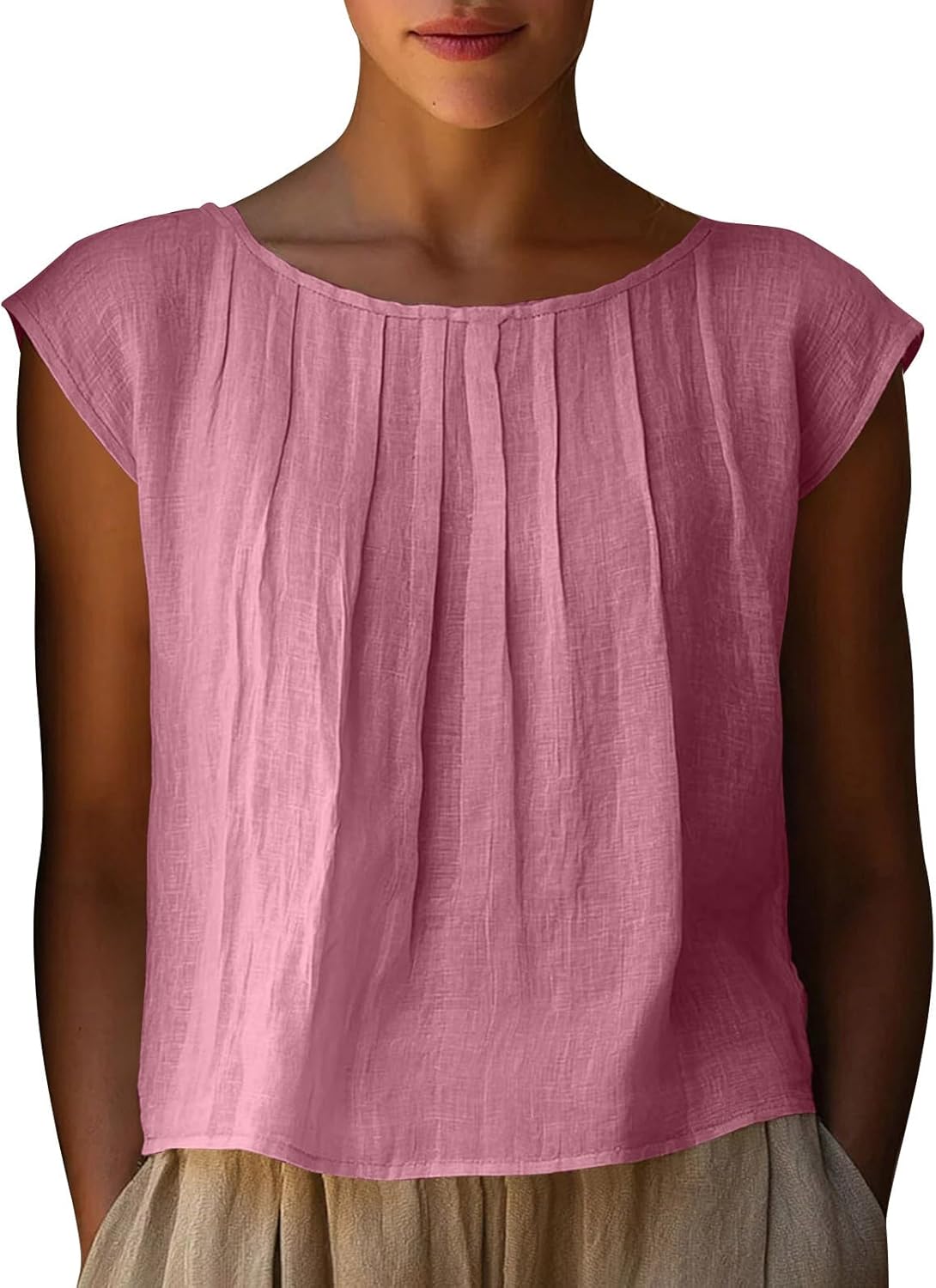 Women's Cotton Linen T-Shirts Casual Crewneck Cap Sleeve Shirts Summer Lightweight Breathable Beach Vacation Tees