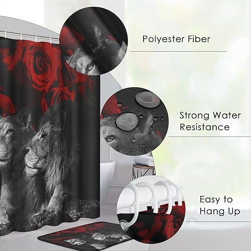 Miniatura 2 de Pamnest Juego de 4 cortinas de ducha, diseño de león y gato rojo con flores rojas, impermeables, con alfombras antideslizantes, cubierta para tapa
