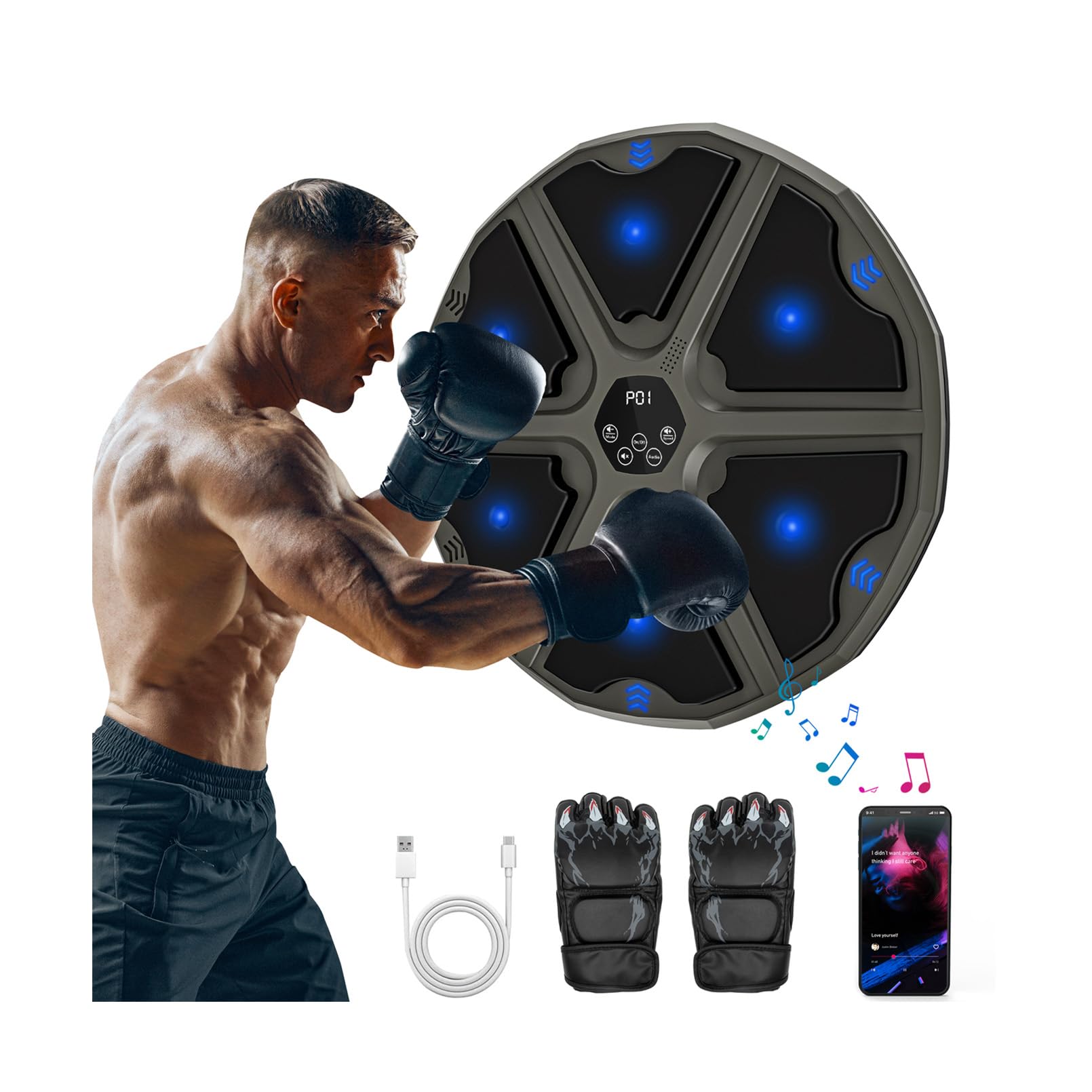 Smart Music Boxing Machine, Wall Mounted with 9 Modes/Speed Adjustment, One Punch Musical Boxing Machine with Bluetooth Connection & LED Light & Boxing Gloves for Adults and Kids