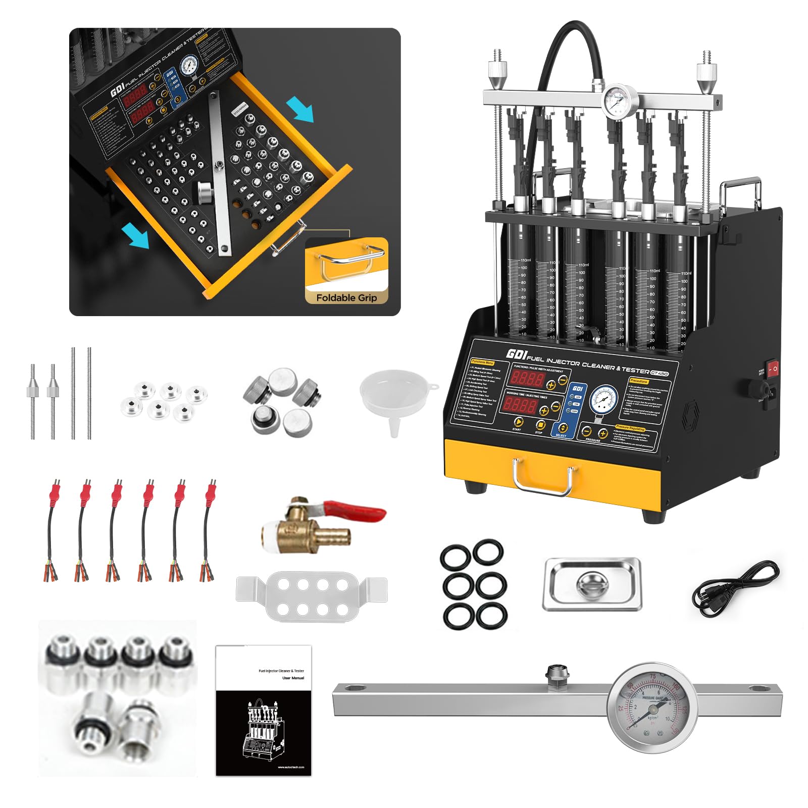CT450 GDI Fuel Injector Cleaner Tester,6-Cylinder Fuel Injector Cleaner Tester,GDI,EFI,FSI Fuel Injector Cleaner Machine With Bottom Drawer,Constant TEMP. Heating,Smart Control Panel,13 Functions,110V