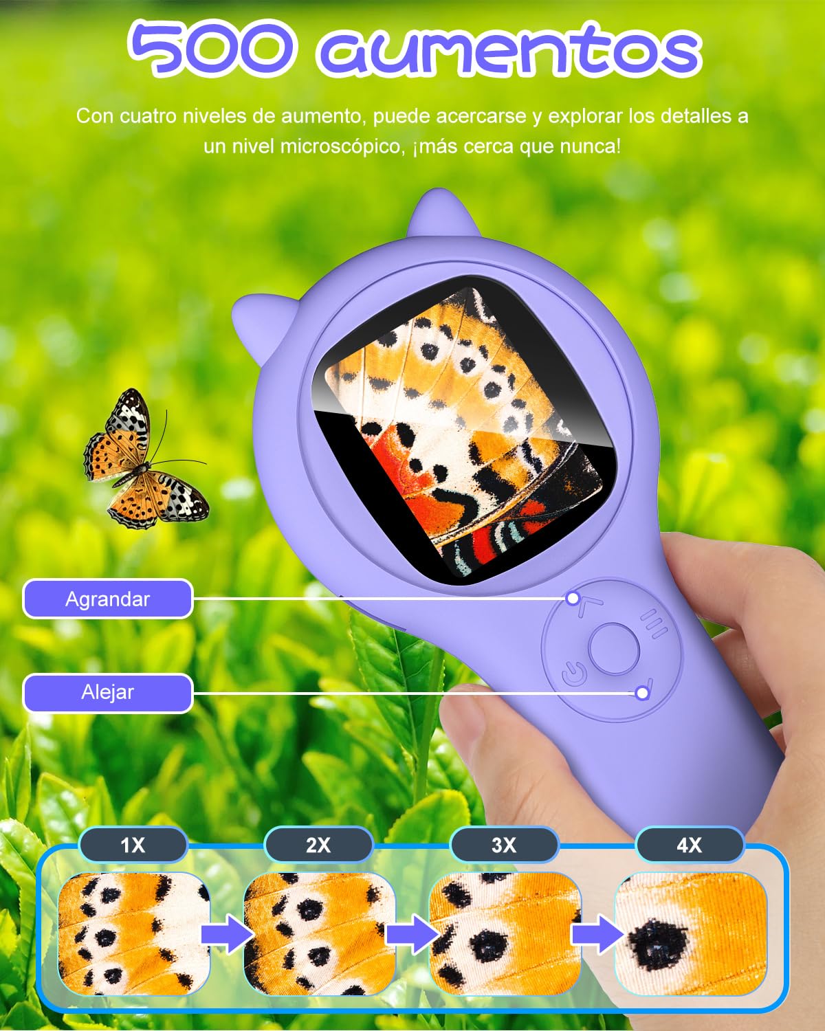 Microscopio para niños, Vankarr microscopio de Mano 500X con Pantalla IPS 2,0", Juguete Educativo de Bolsillo para el Mundo microscópico, para Ciencia, cumpleaños y Navidad, Morado