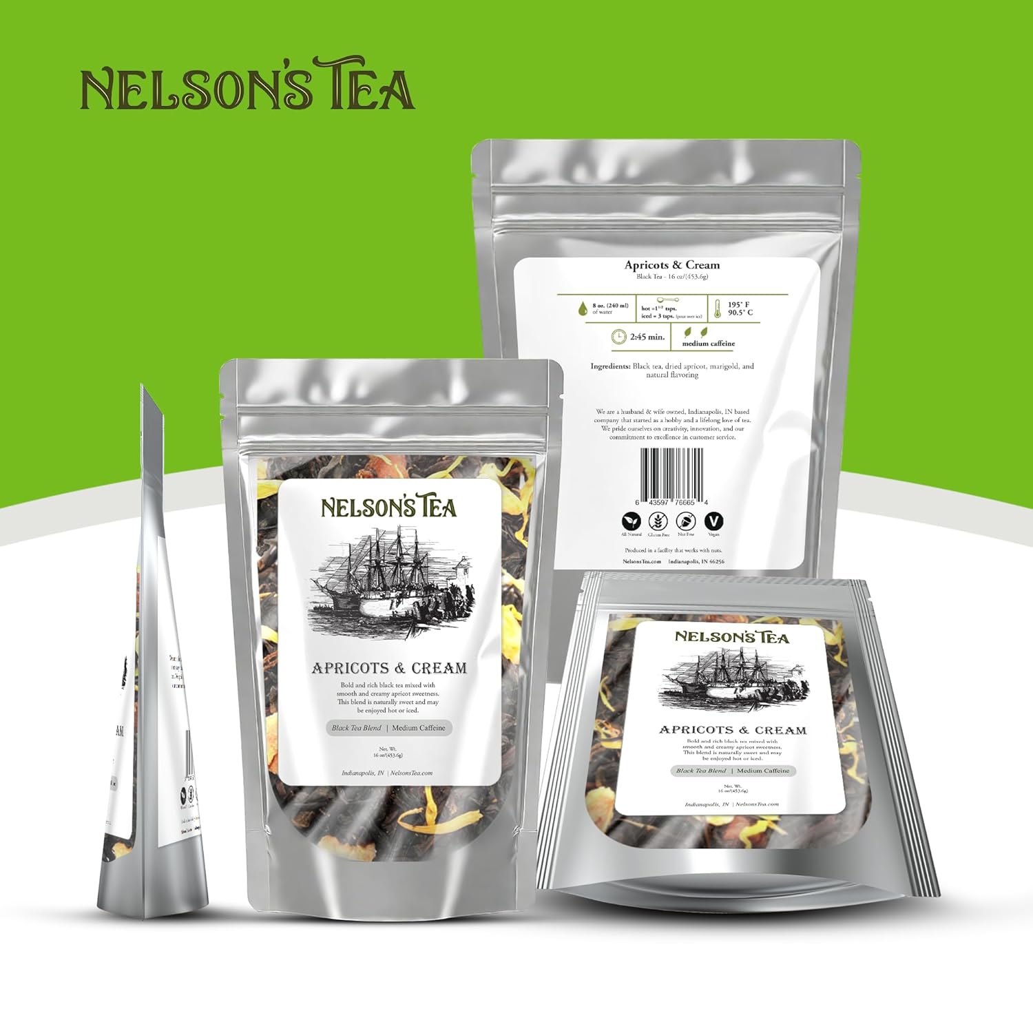 Nelson's Tea - Apricots & Cream - Black Loose Leaf Tea - Black tea, dried apricot, and marigold petals - 16 oz.